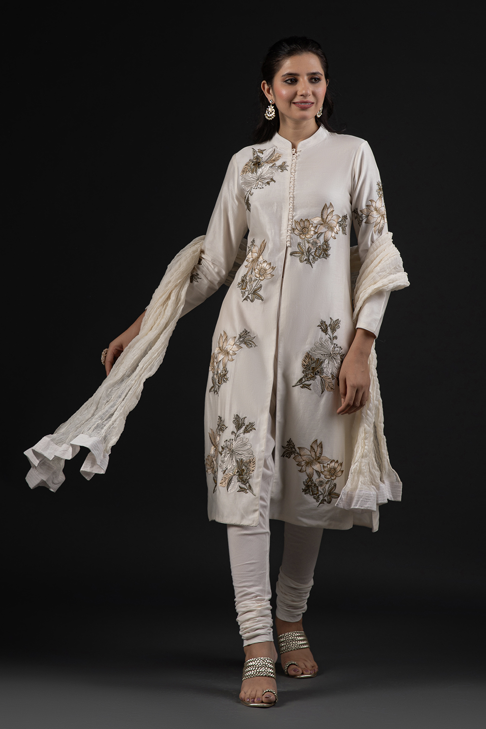 Ivory Cotton Silk Straight Printed Suit Set image number 0
