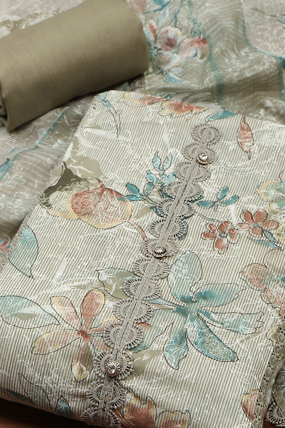 Grey Cotton Printed Unstitched Suit Set image number 1