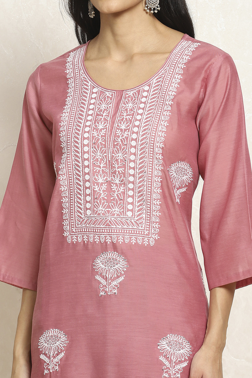 Peach Chanderi Machine Embroidered Unstitched Suit Set image number 2