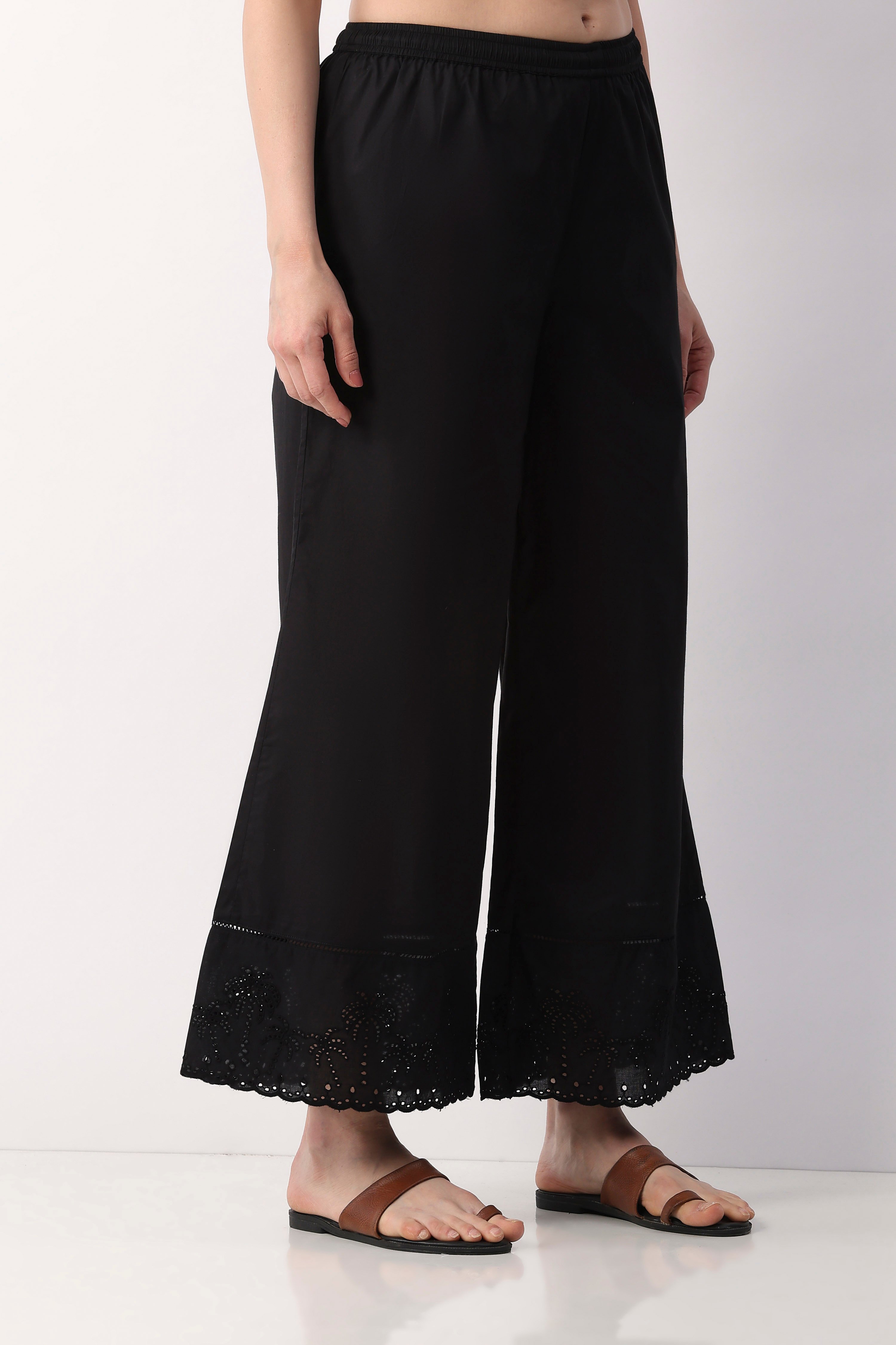 Black Cotton Flared Dyed Palazzos image number 3