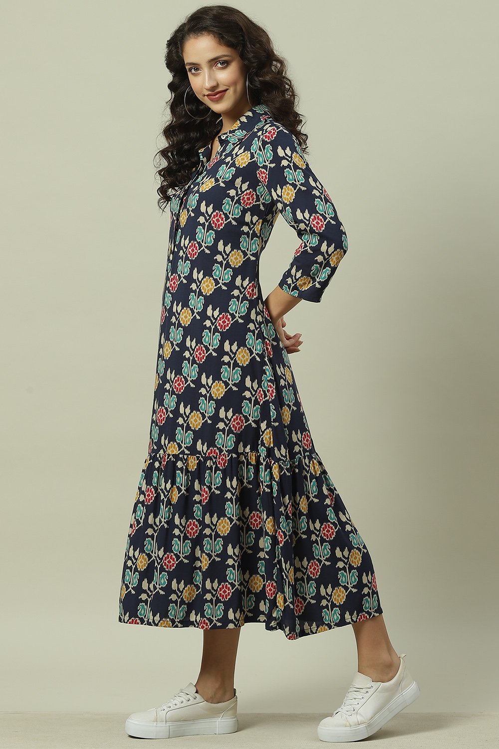 Navy Rayon A-Line Printed Dress image number 3