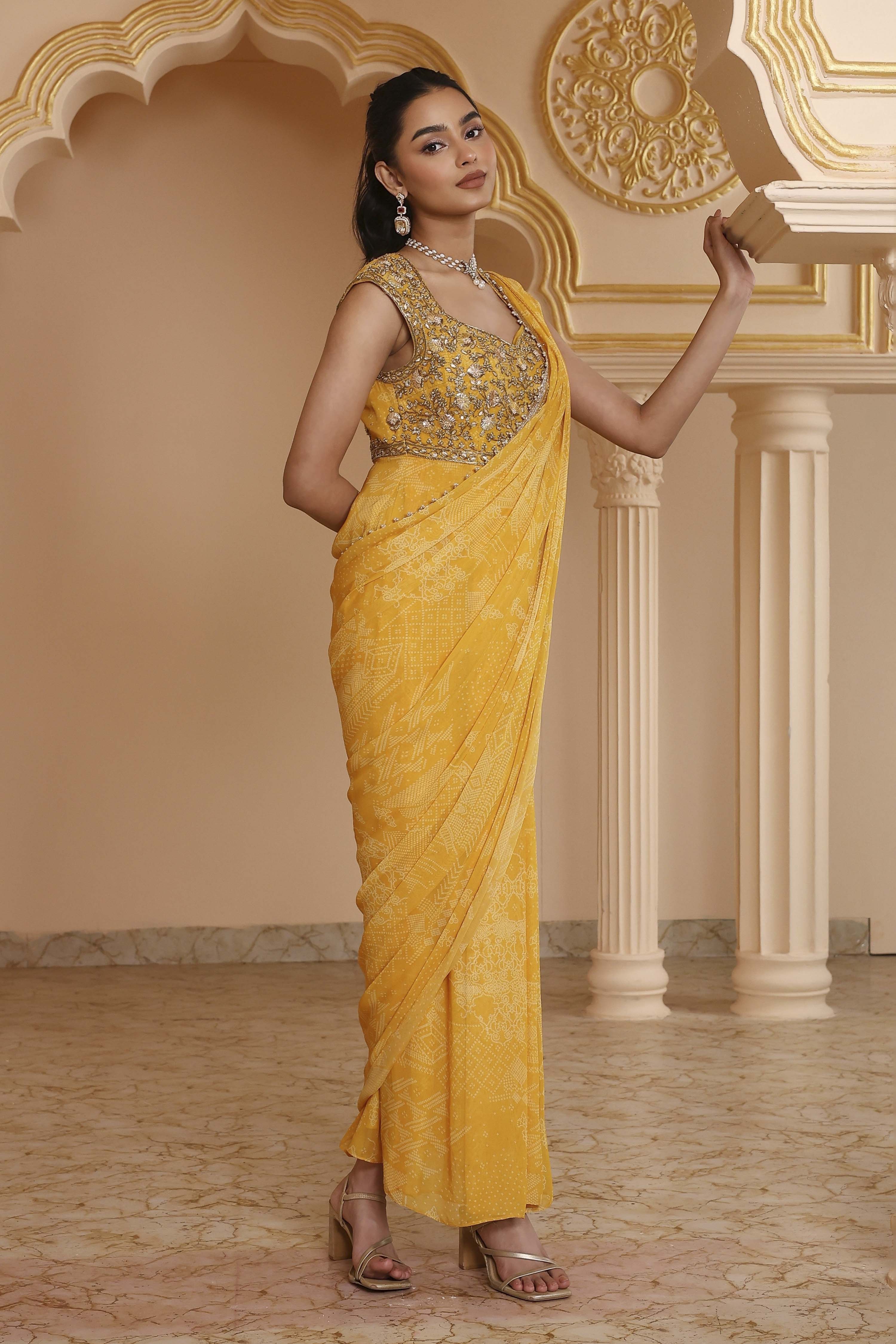 Yellow Poly Georgette Digital Printed Gown Saree image number 4