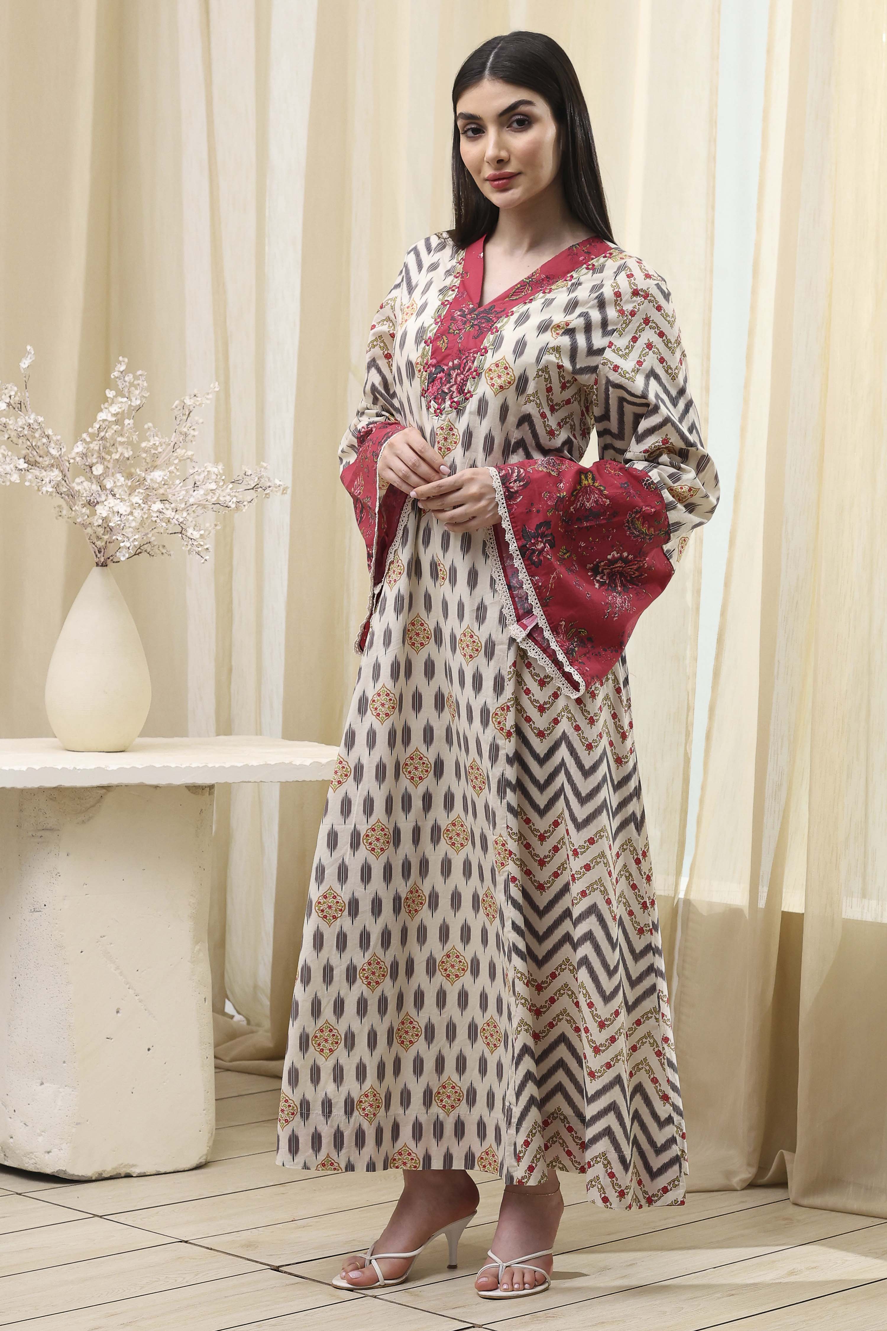 Off White Cotton A Line Fusion Wear image number 2