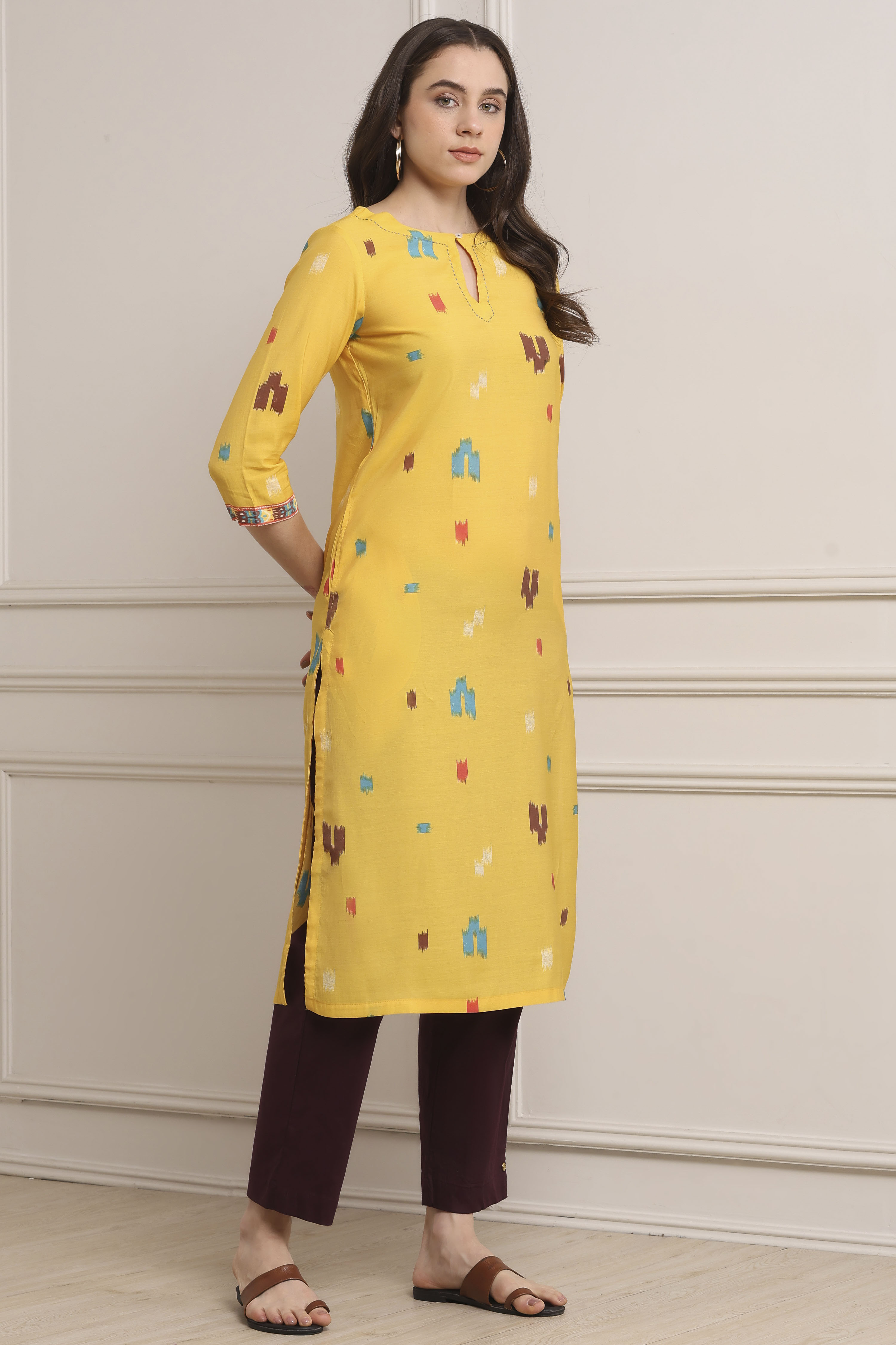 Yellow Poly Viscose Straight Kurta Pants Set image number 5