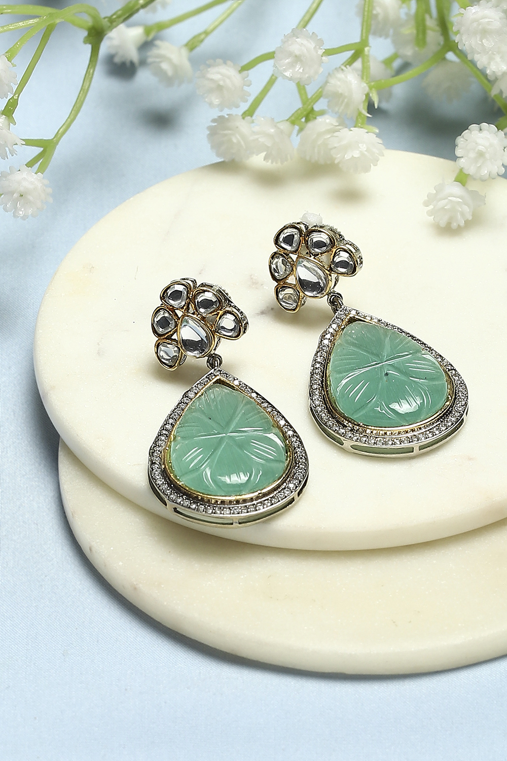 Mint Green Gold-Plated Kundan Tear Drop Danglers image number 0