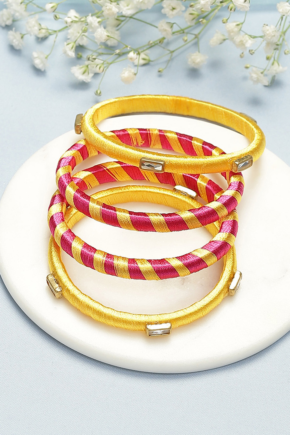 Dark Pink Mustard Yellow Plastic Thread Kids Bangles image number 0
