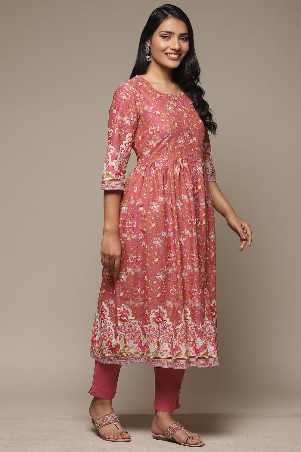 Blue Cotton Gathered Kurta Pants 2 Piece Set image number 5