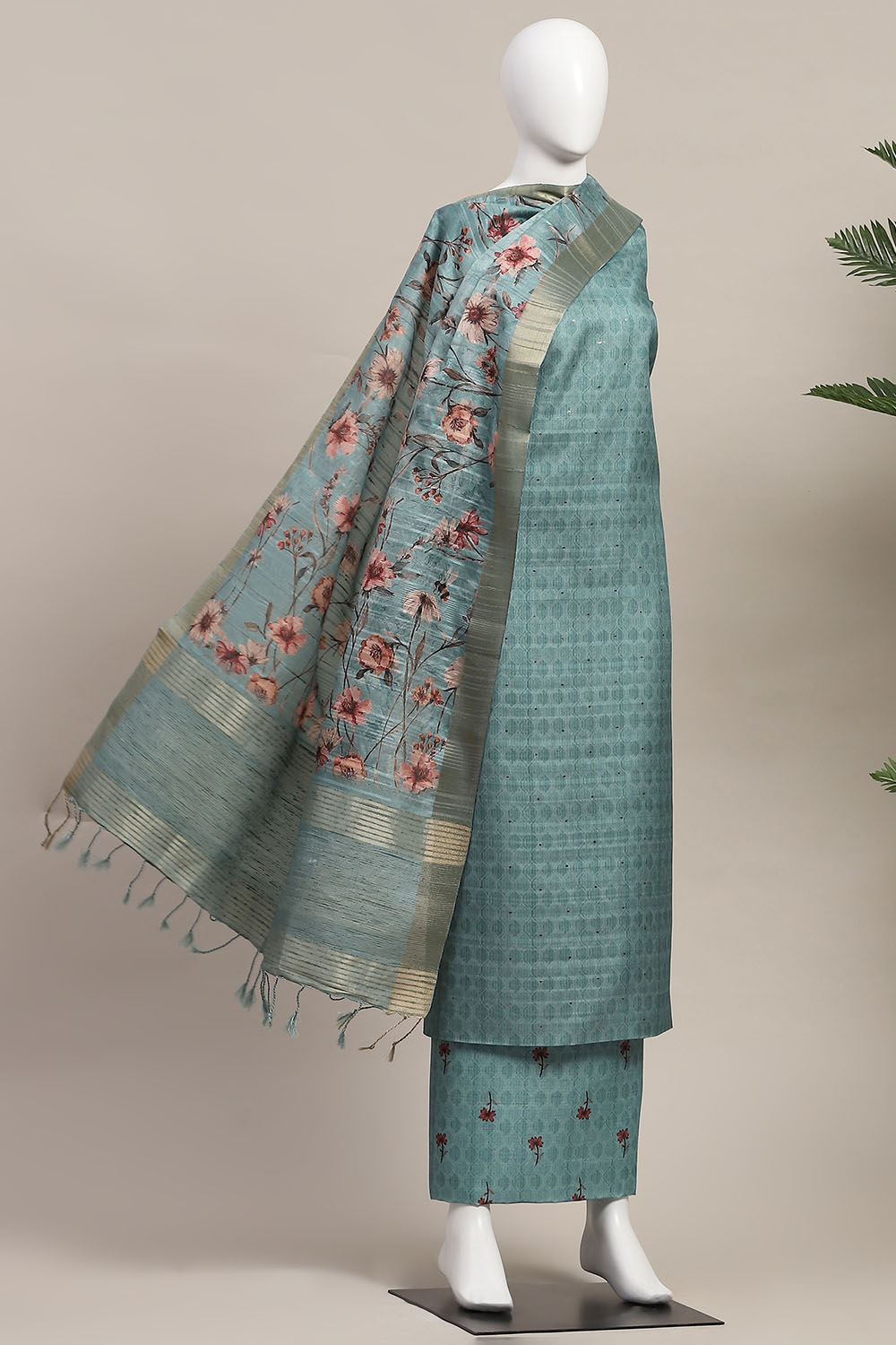 Peach Silk Tussar Handloom Unstitched Suit Set image number 4