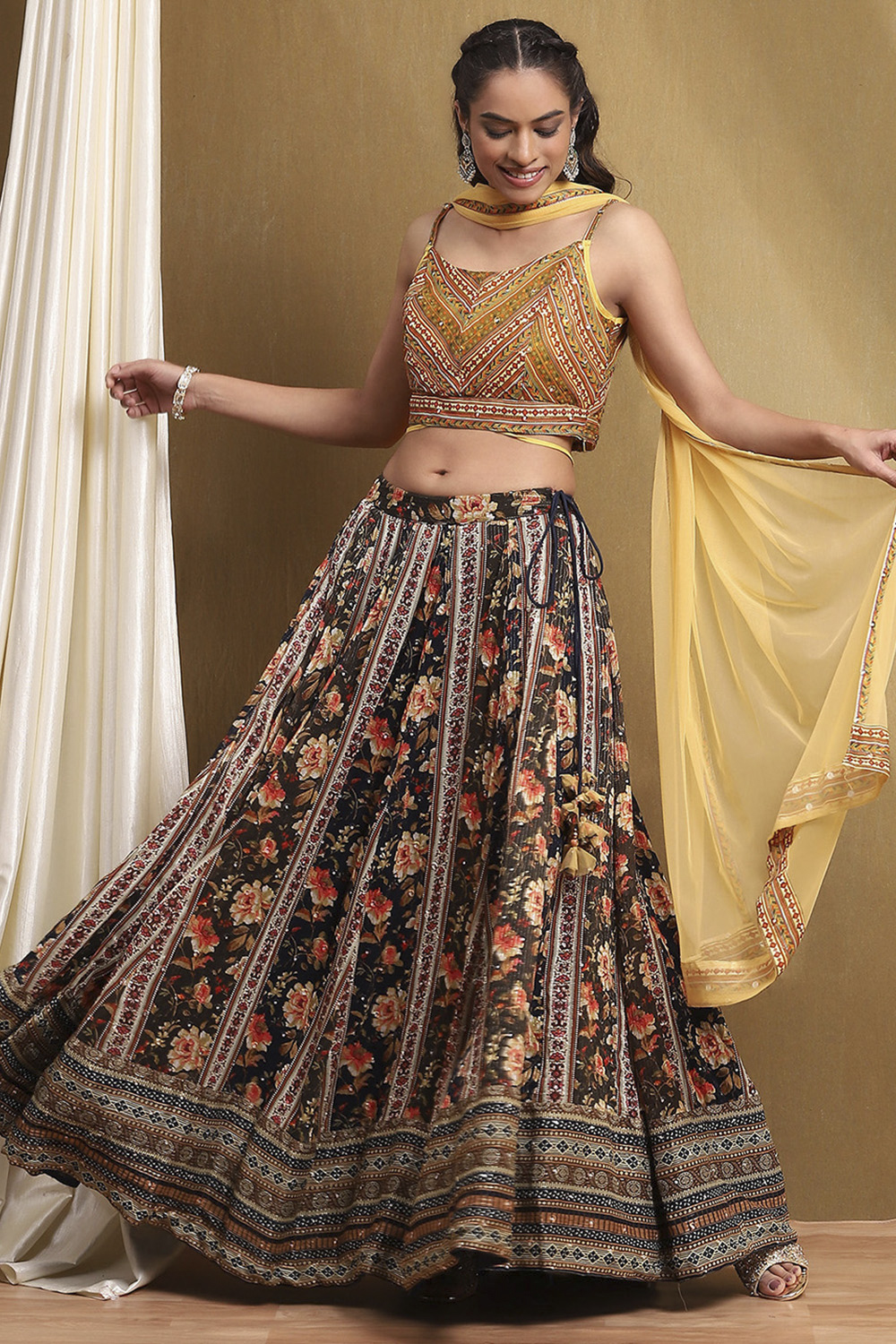 Mustard Yellow and Navy Blue Embroidered Lehenga Set image number 6