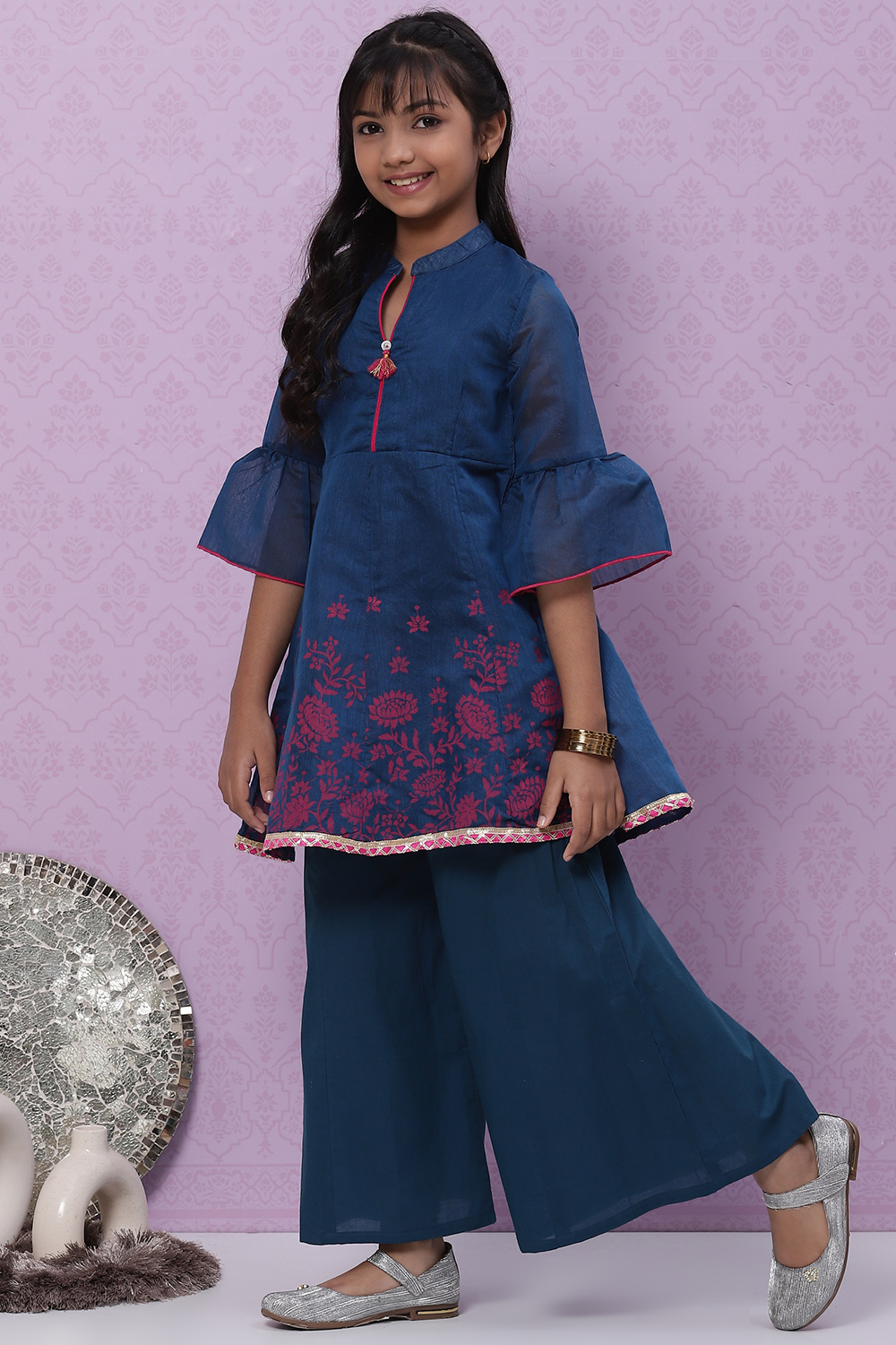 Blue Art Silk Flared Printed Top image number 3