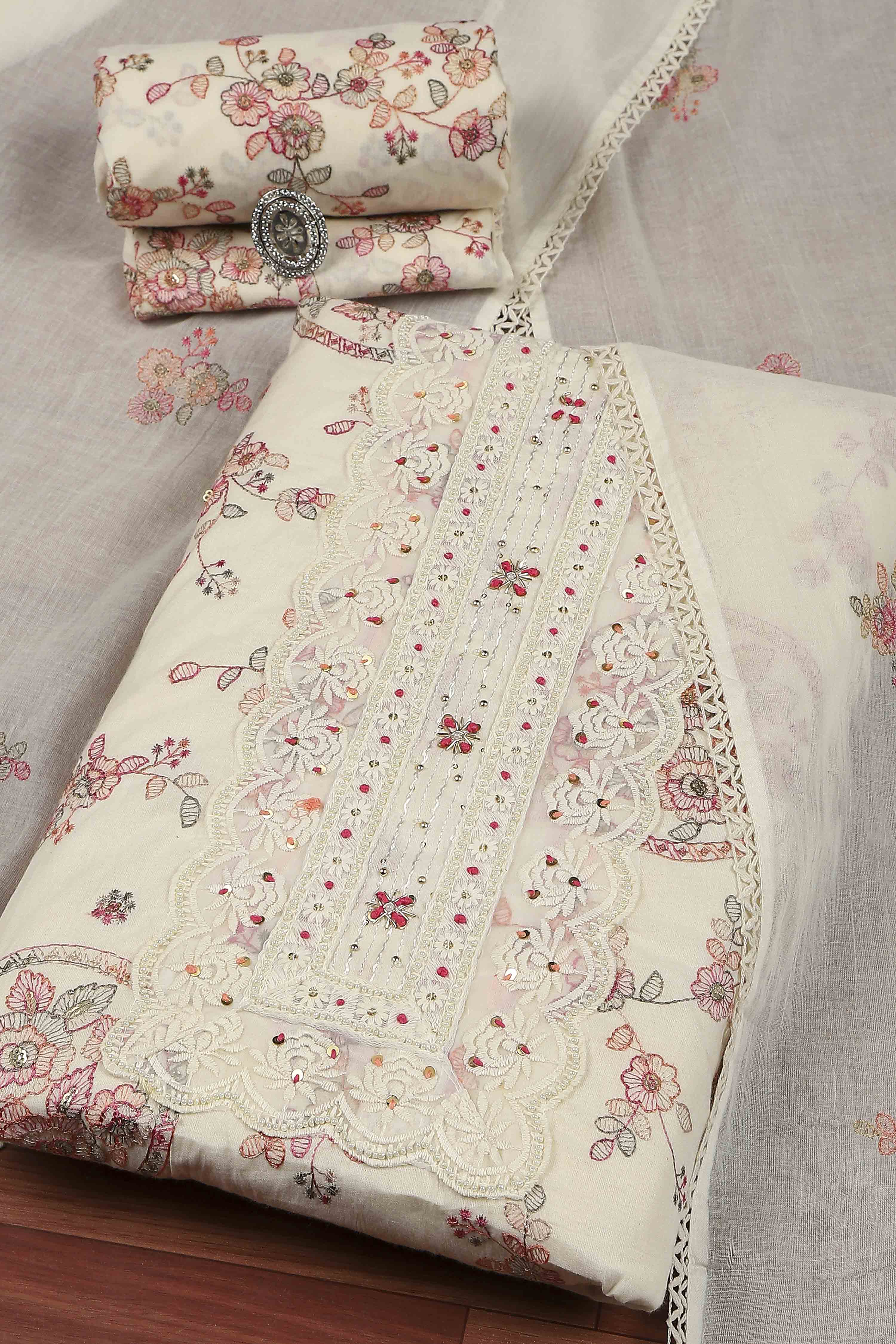 White Cotton Printed Embroidered Unstitched Suit Set image number 0