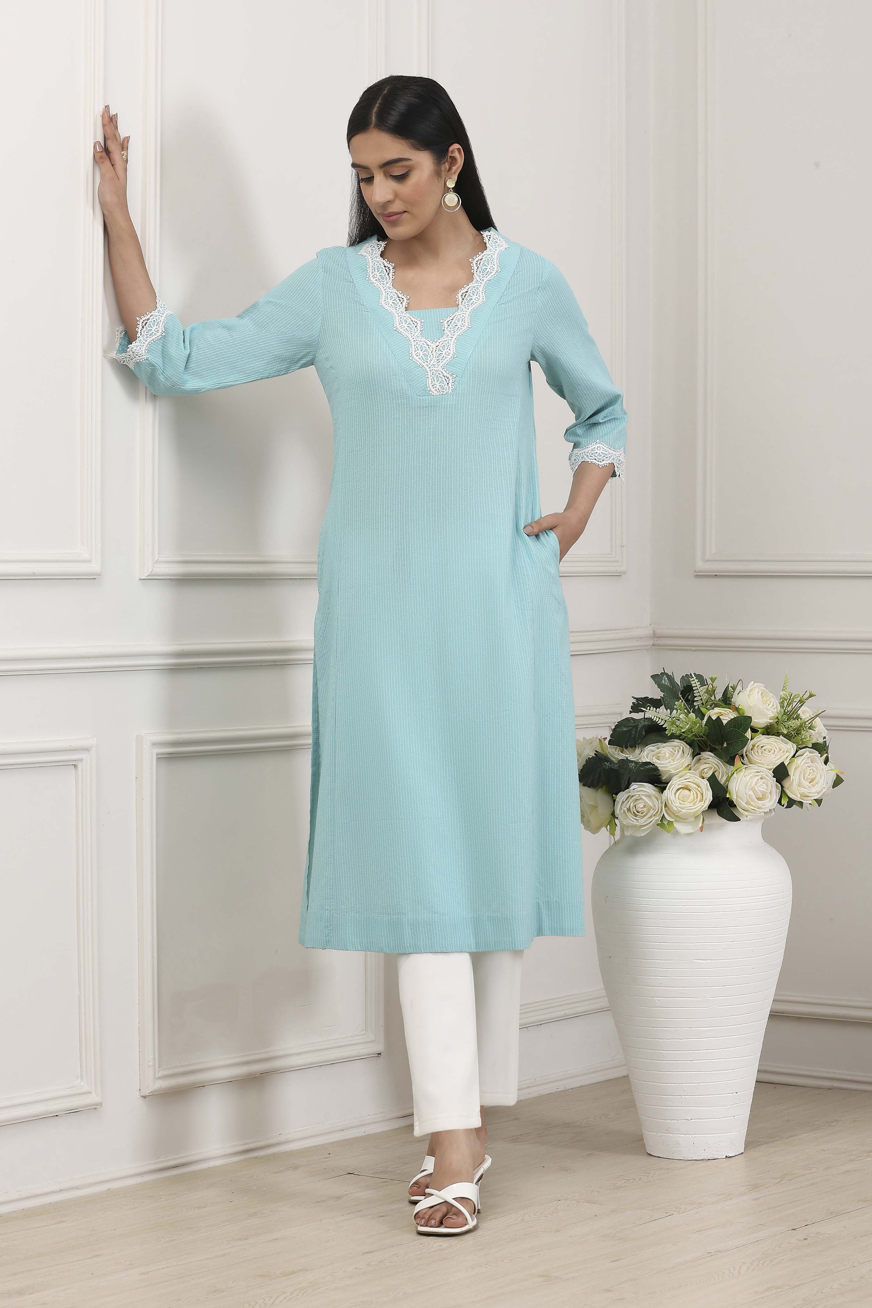 Blue Cotton Lace Trim Straight Kurta image number 0