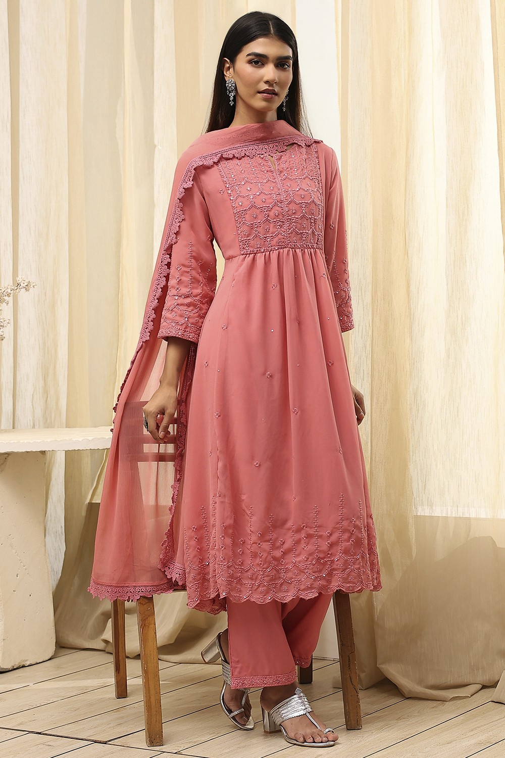 Pink Embroidered Flared Suit Set image number 0