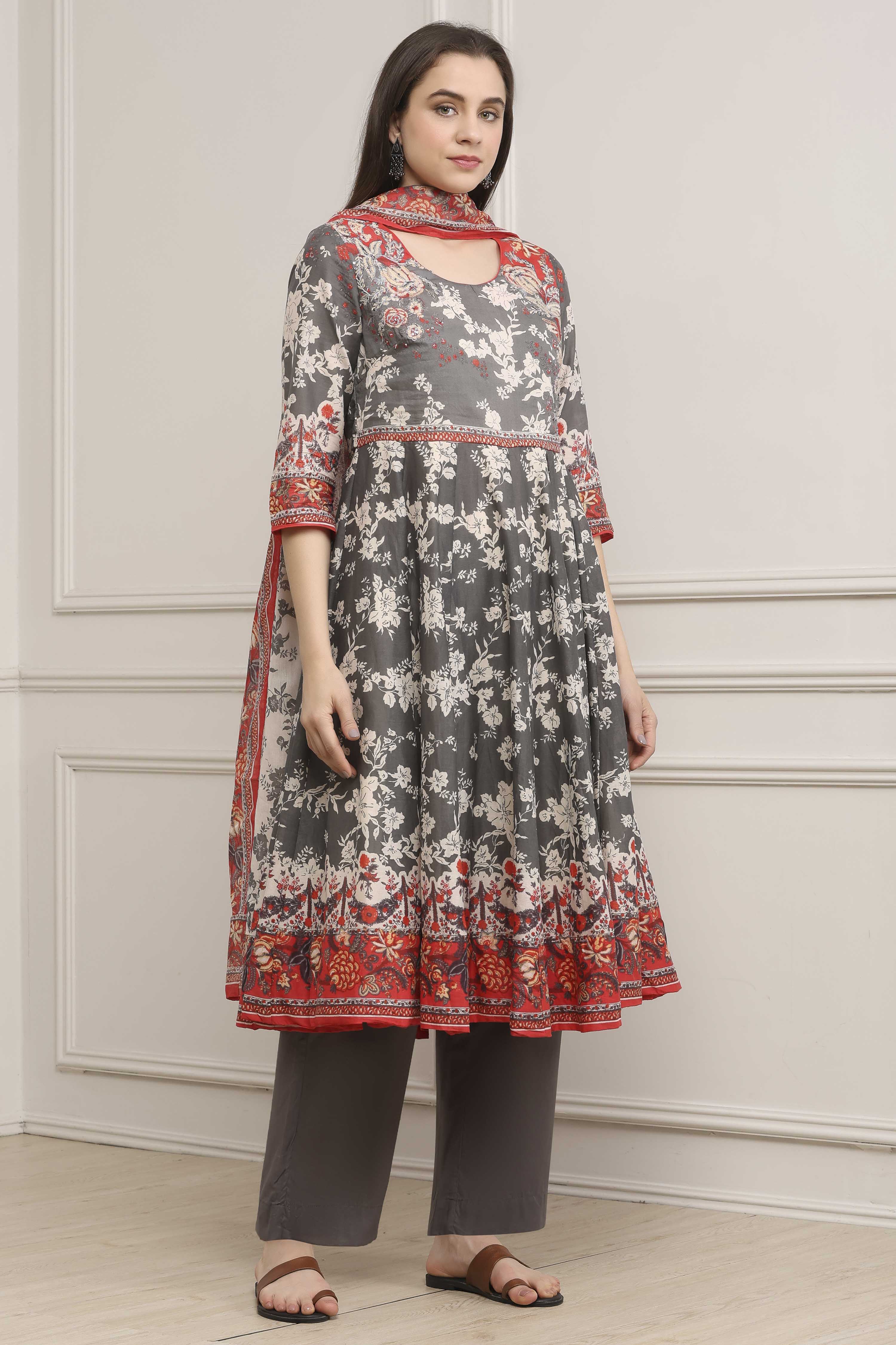 Grey Cotton Printed Anarkali Suit Set image number 5