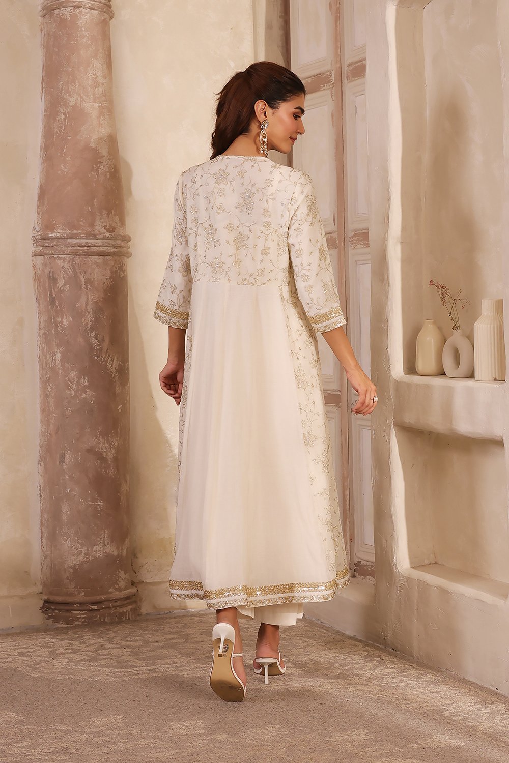 Natural White Embroidered Anarkali Fusion Set image number 4