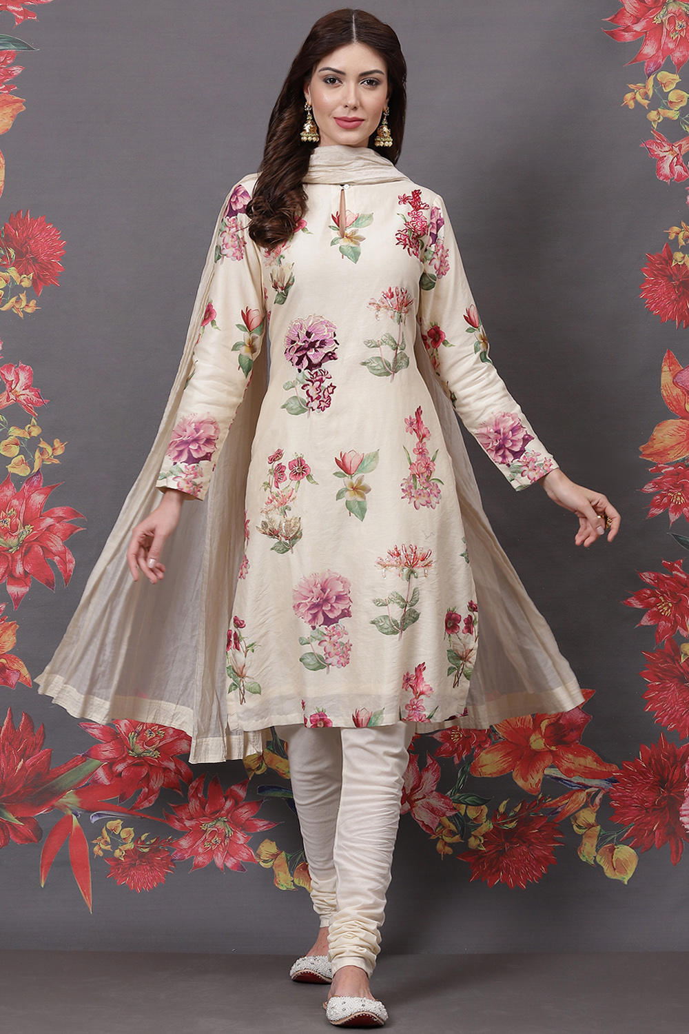 Off White Cotton Silk Straight Printed Suit Set image number 0