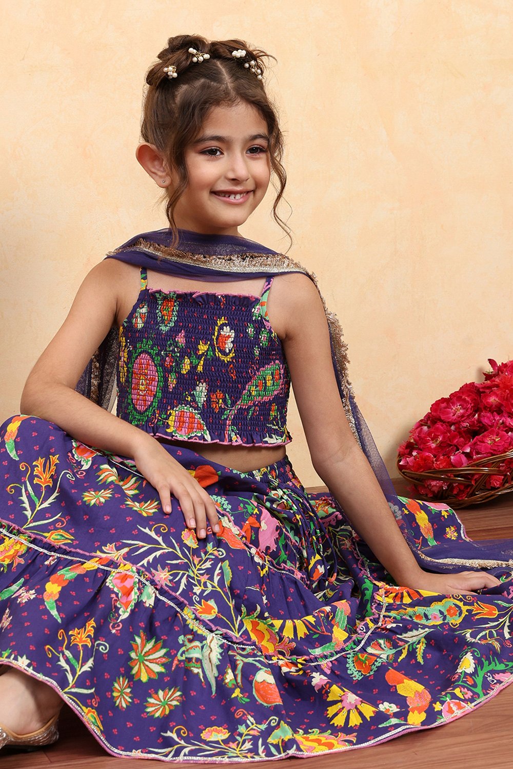 Purple Cotton Printed Tiered Lehenga Set image number 7