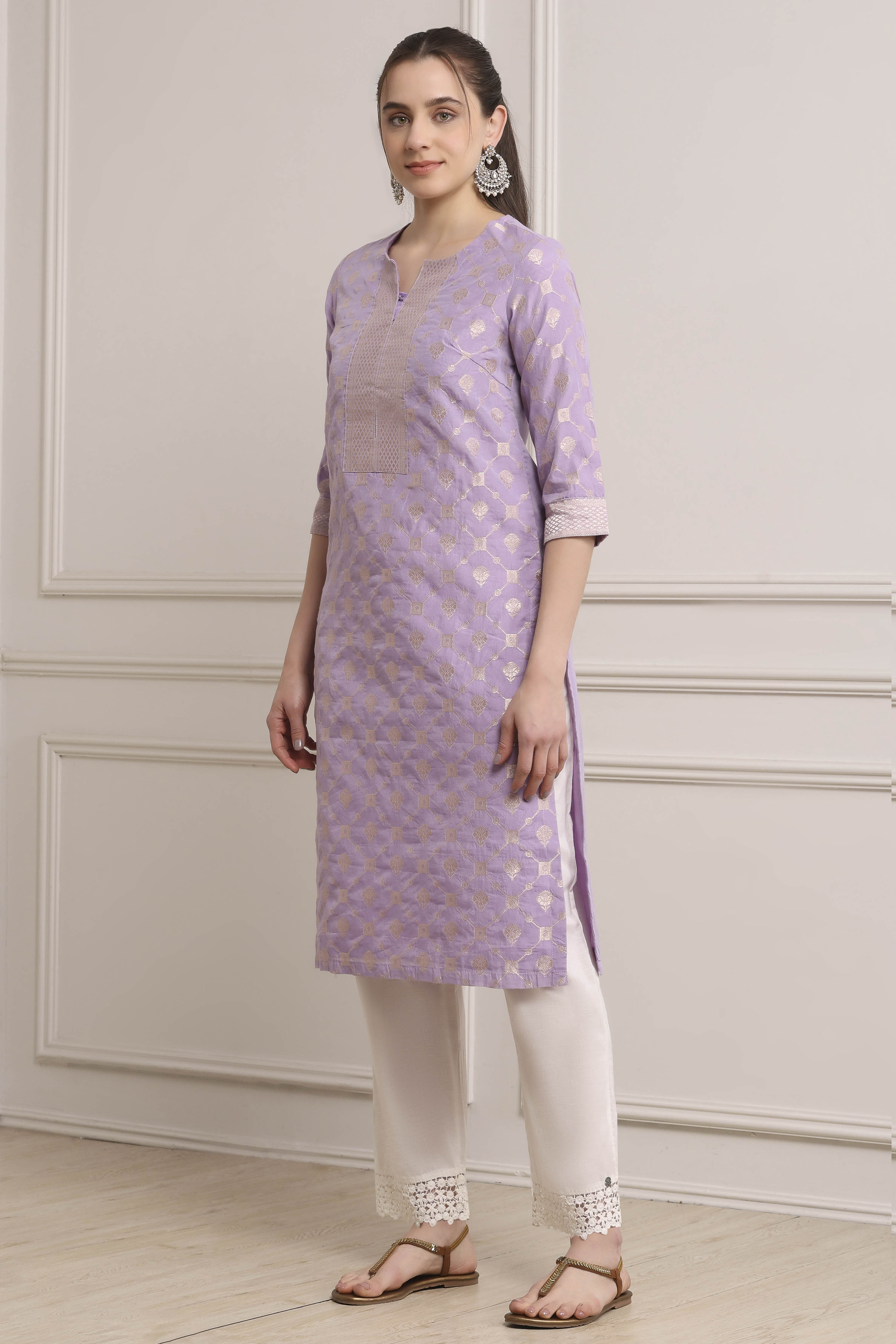 Lilac Poly Cotton Straight Kurta Pants Set image number 3