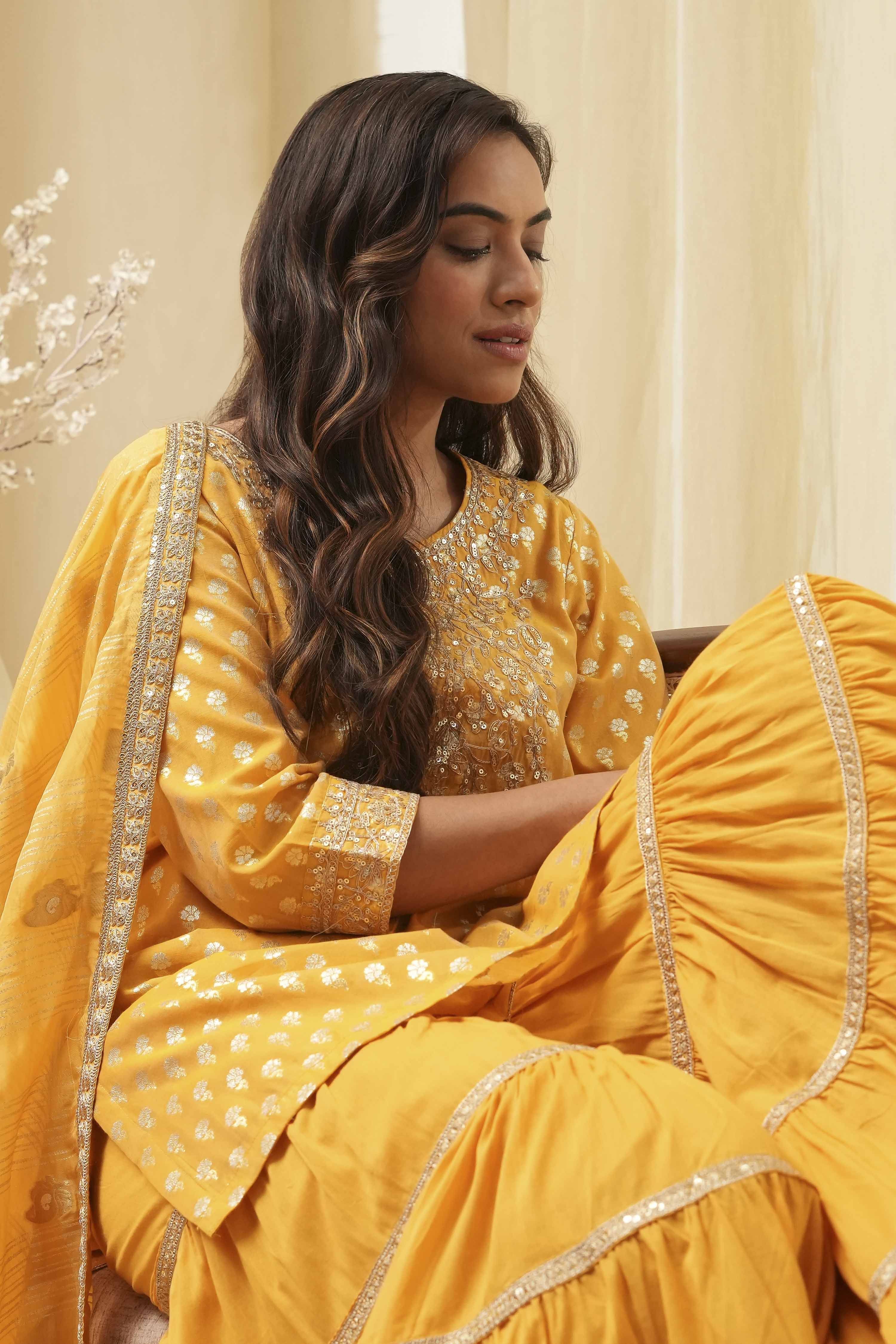 Ochre Yellow Embroidered Straight Suit Set image number 7