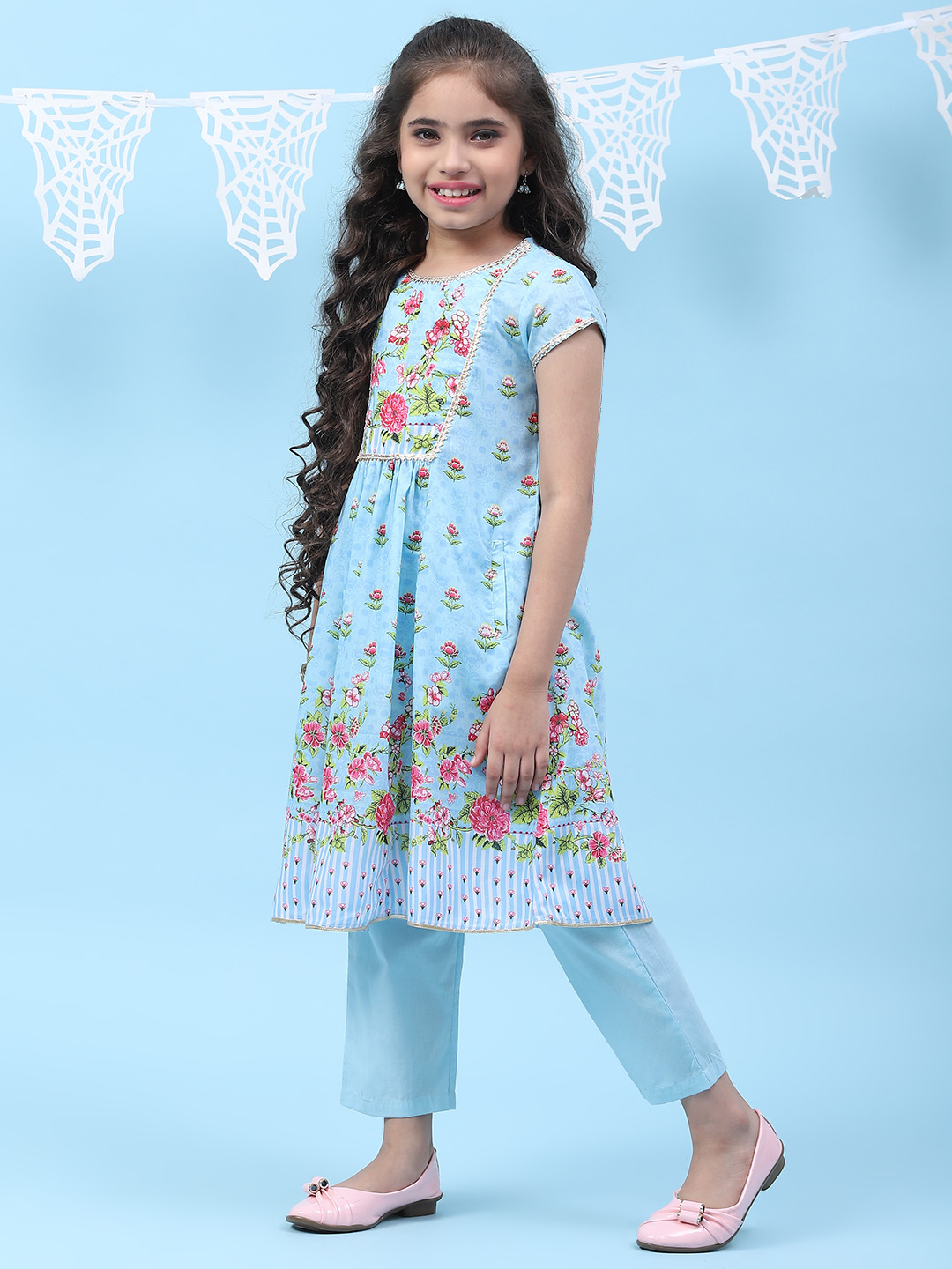 Sky Blue Art Silk Straight Printed Kurta Set image number 0