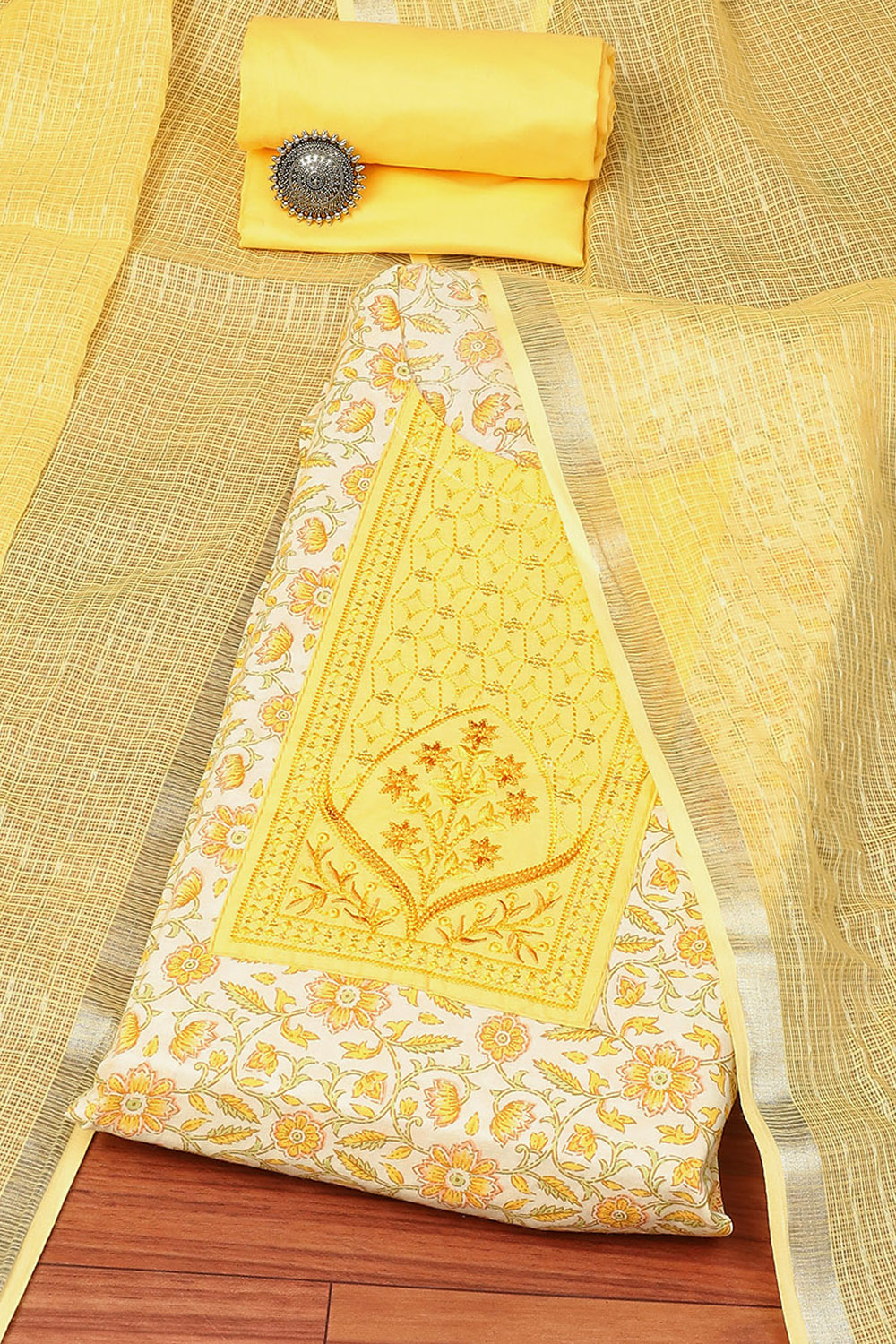Yellow Cotton Handloom Unstitched Suit Set image number 0