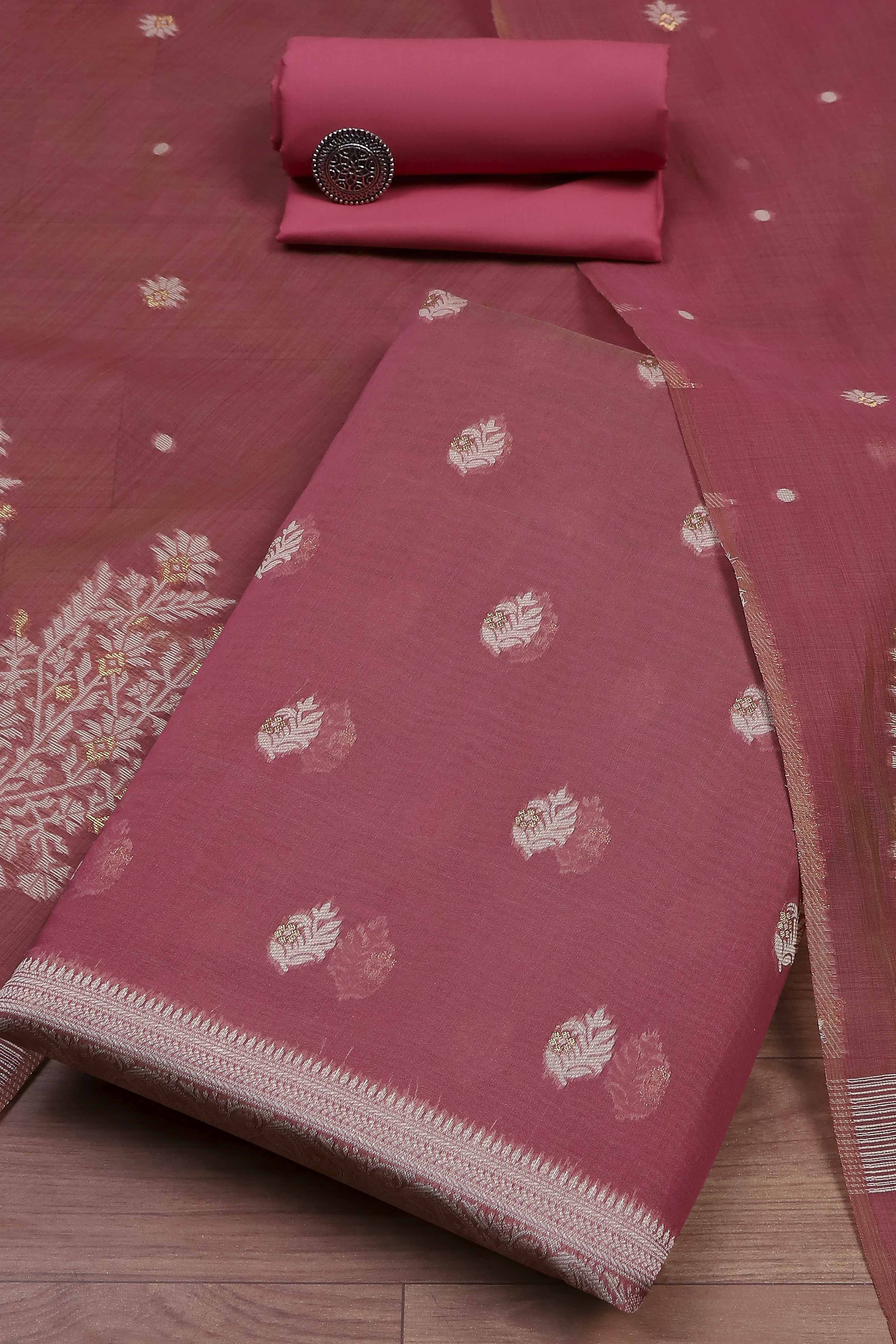 Pink Cotton Jamdani Unstitched Suit Set image number 0