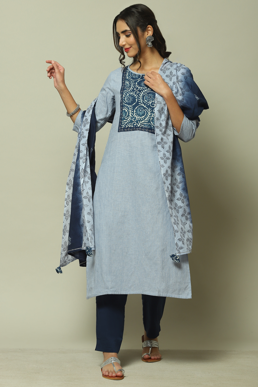 Light Blue Cotton Printed Unstitched Suit Set image number 0