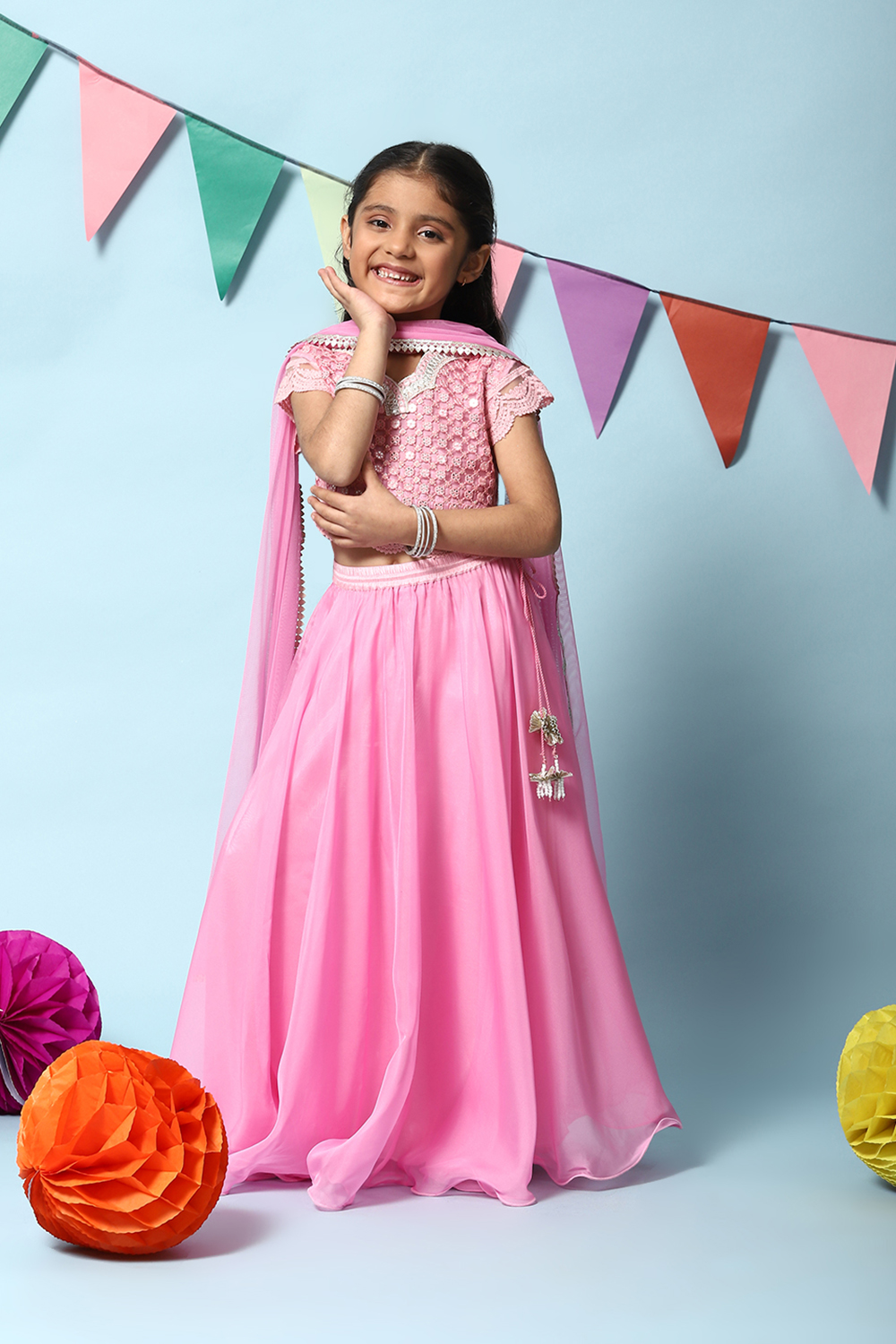 Bubble gum Pink Nylon Short Top Lehenga Set image number 0