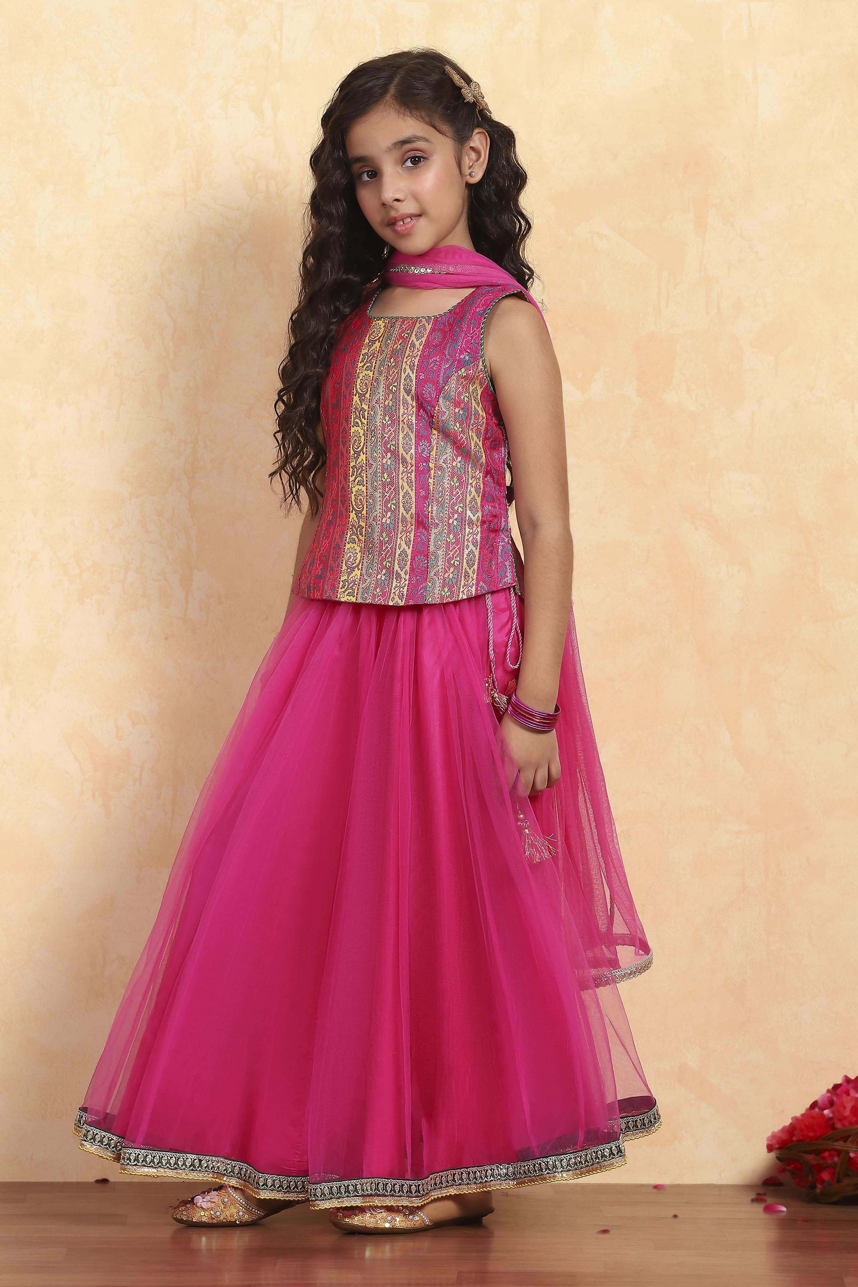 Pink Polyester Yarndyed Fitted Lehenga Set image number 3