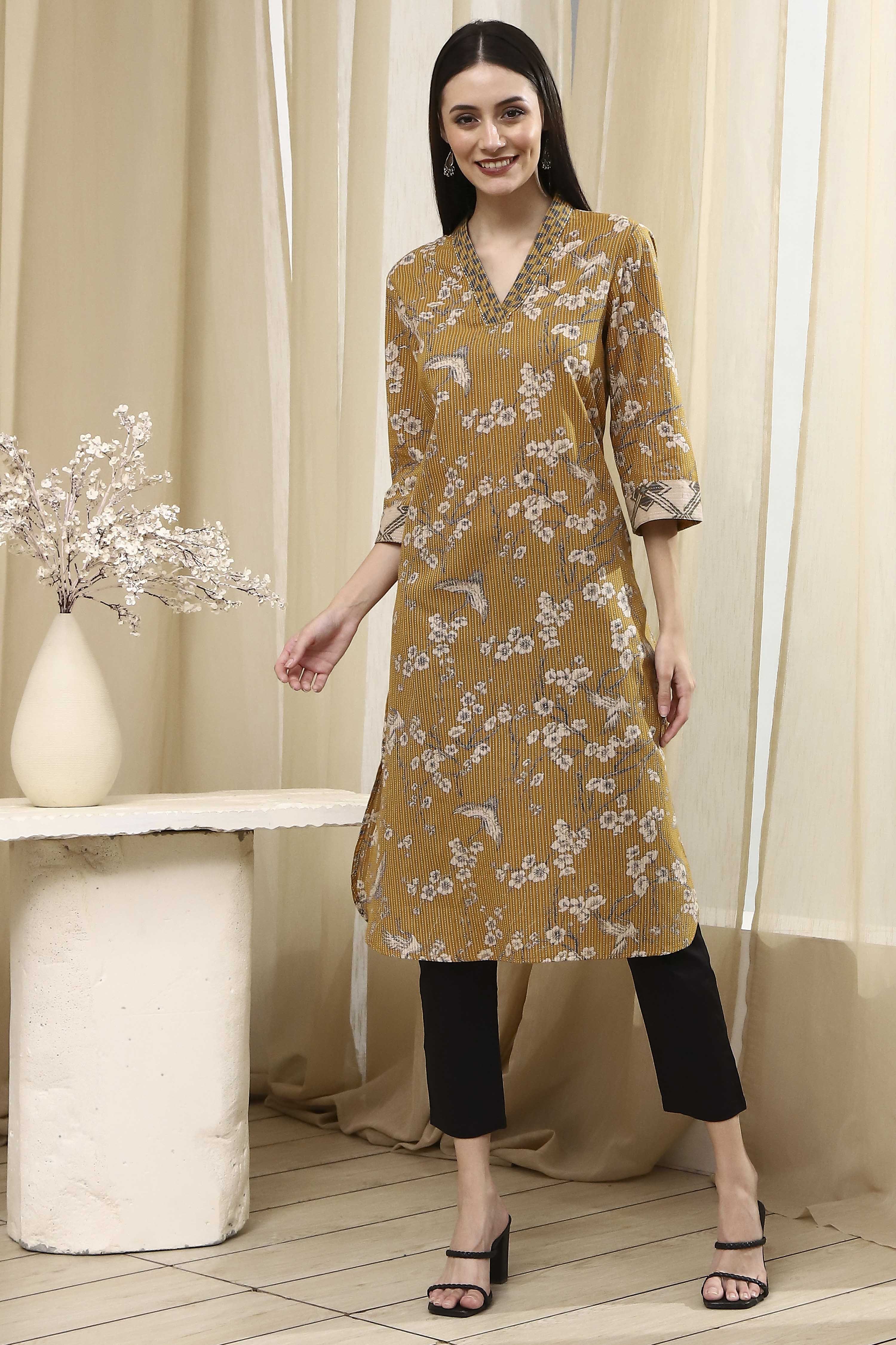 Mustard Yellow Cotton Printed Straight Kurta image number 0