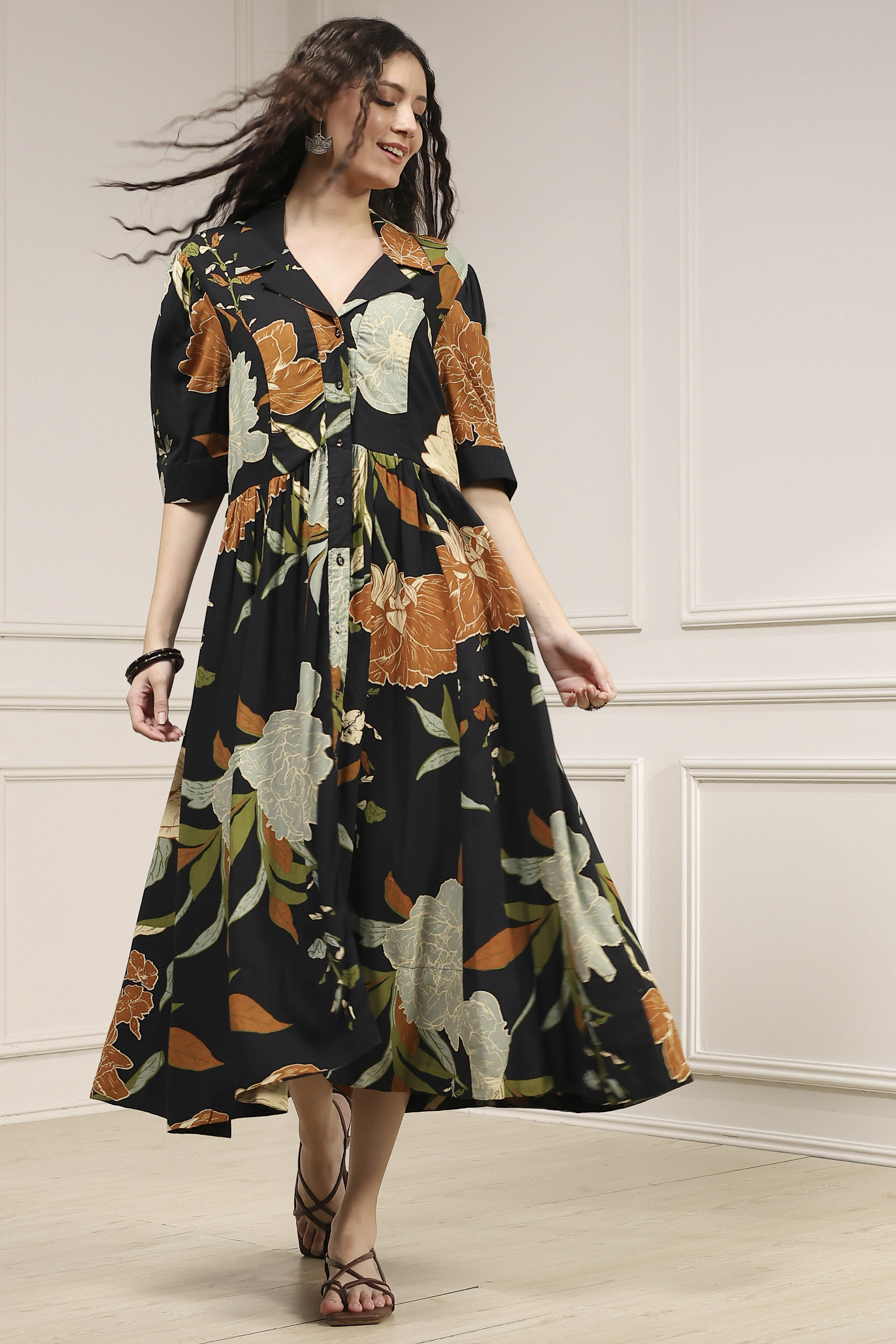 Black Viscose Rayon Straight Printed Dress image number 0