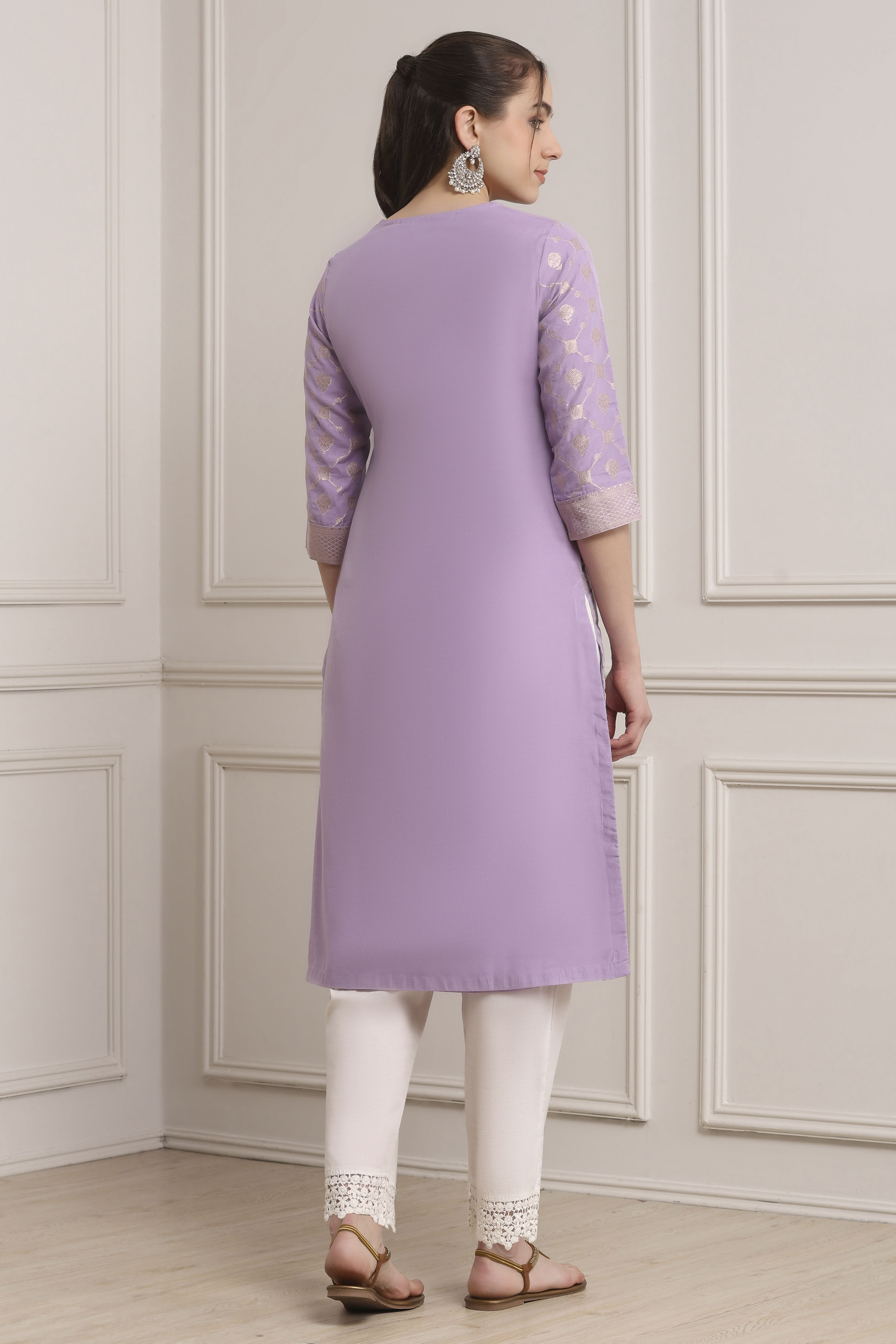 Lilac Poly Cotton Straight Kurta Pants Set image number 4