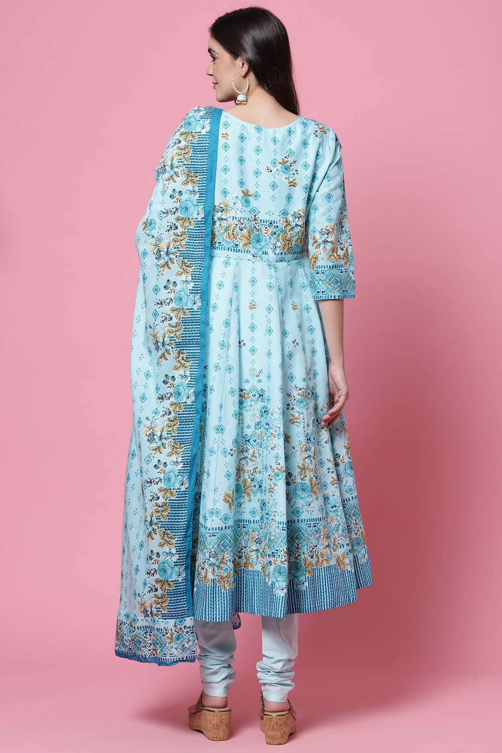 Aqua Blue Cotton Anarkali Kurta Churidar Suit Set image number 4