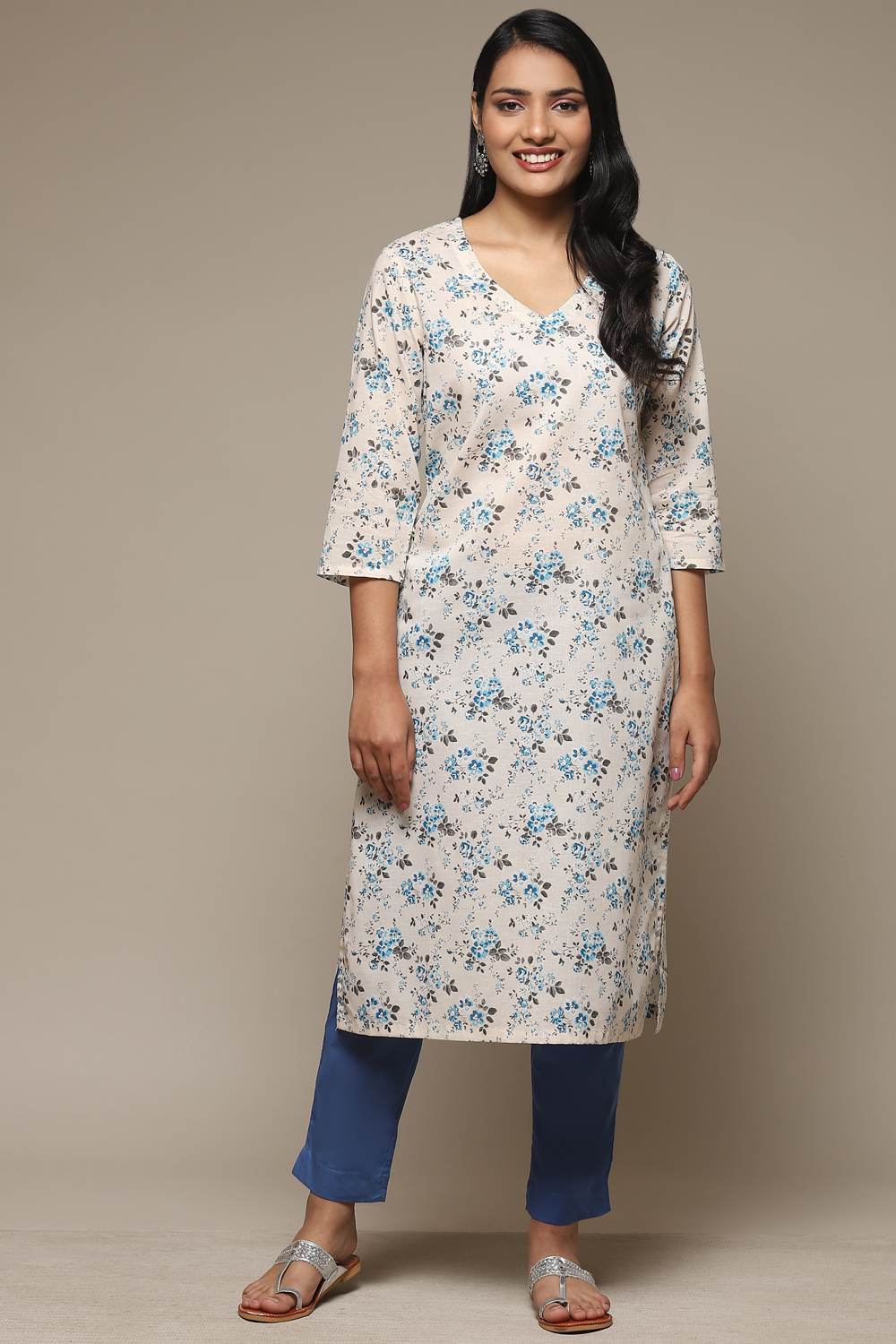 Cream Cotton A-Line Printed Kurta image number 5