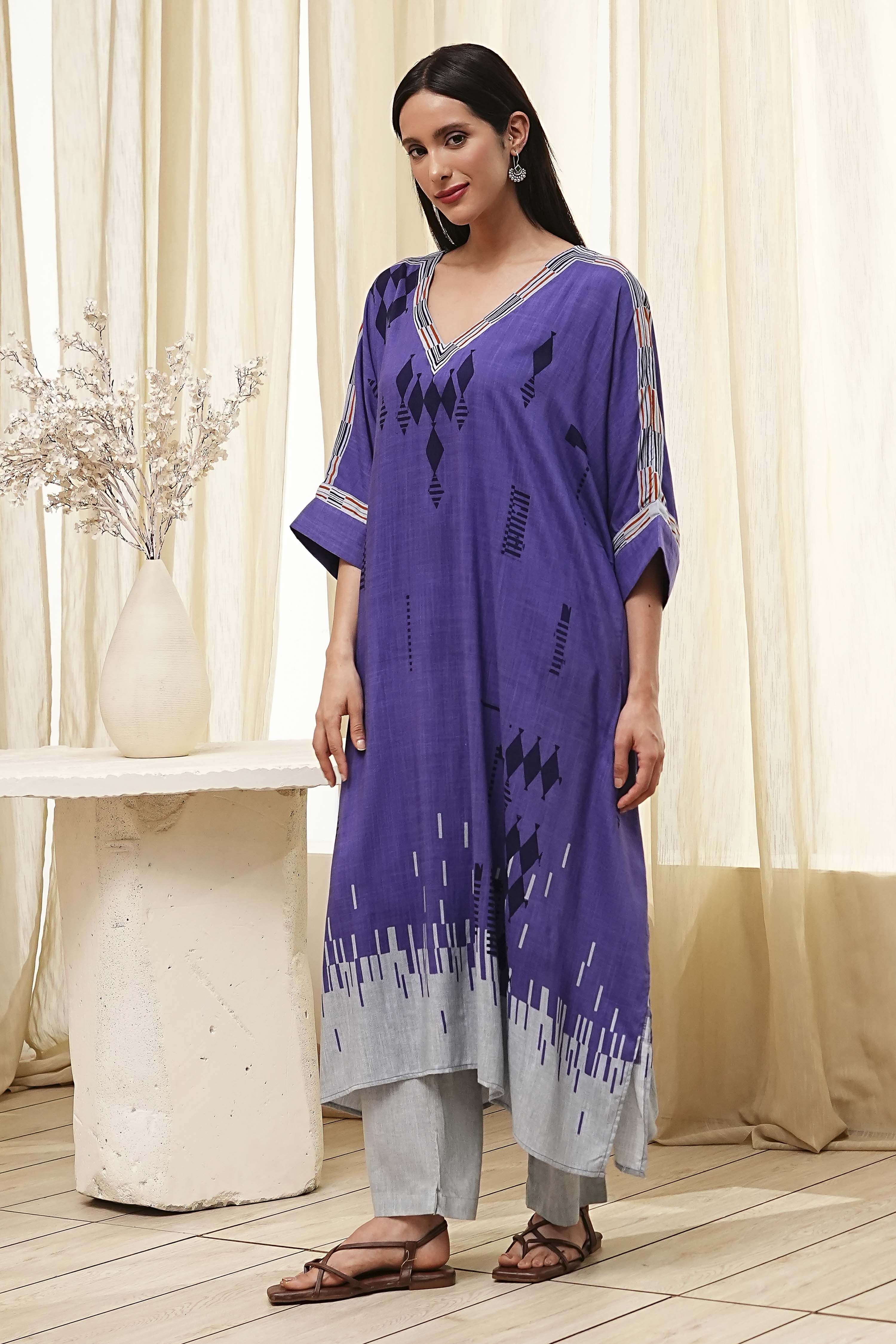 Blue Printed Kaftan-Style Kurta Set image number 3