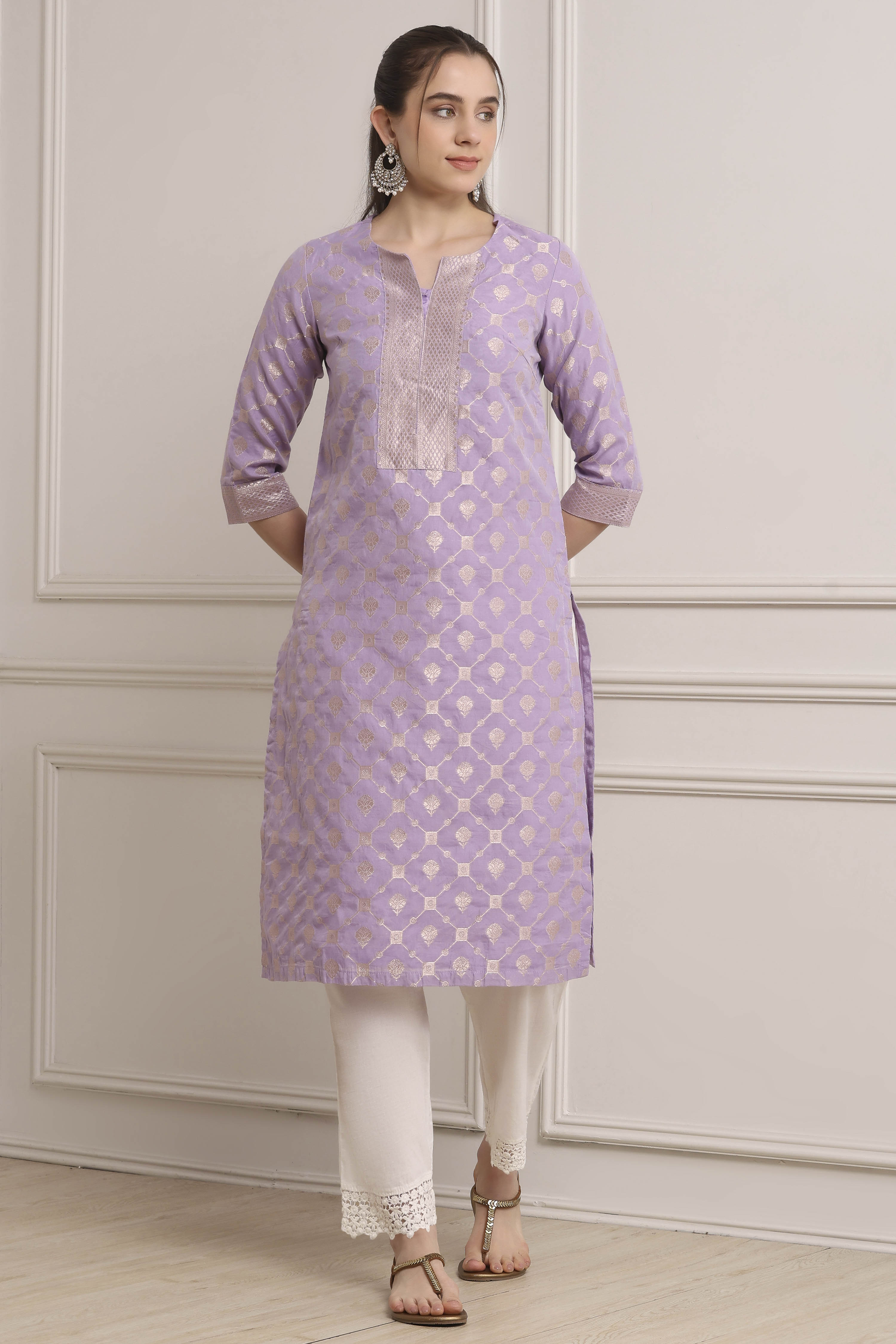 Lilac Poly Cotton Straight Kurta Pants Set image number 6