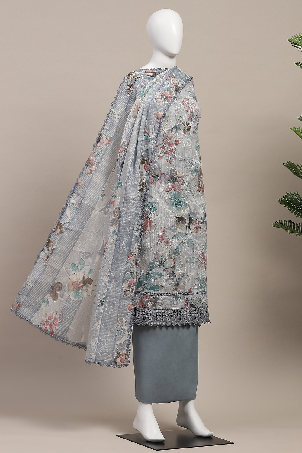 Grey Cotton Printed Unstitched Suit Set image number 4