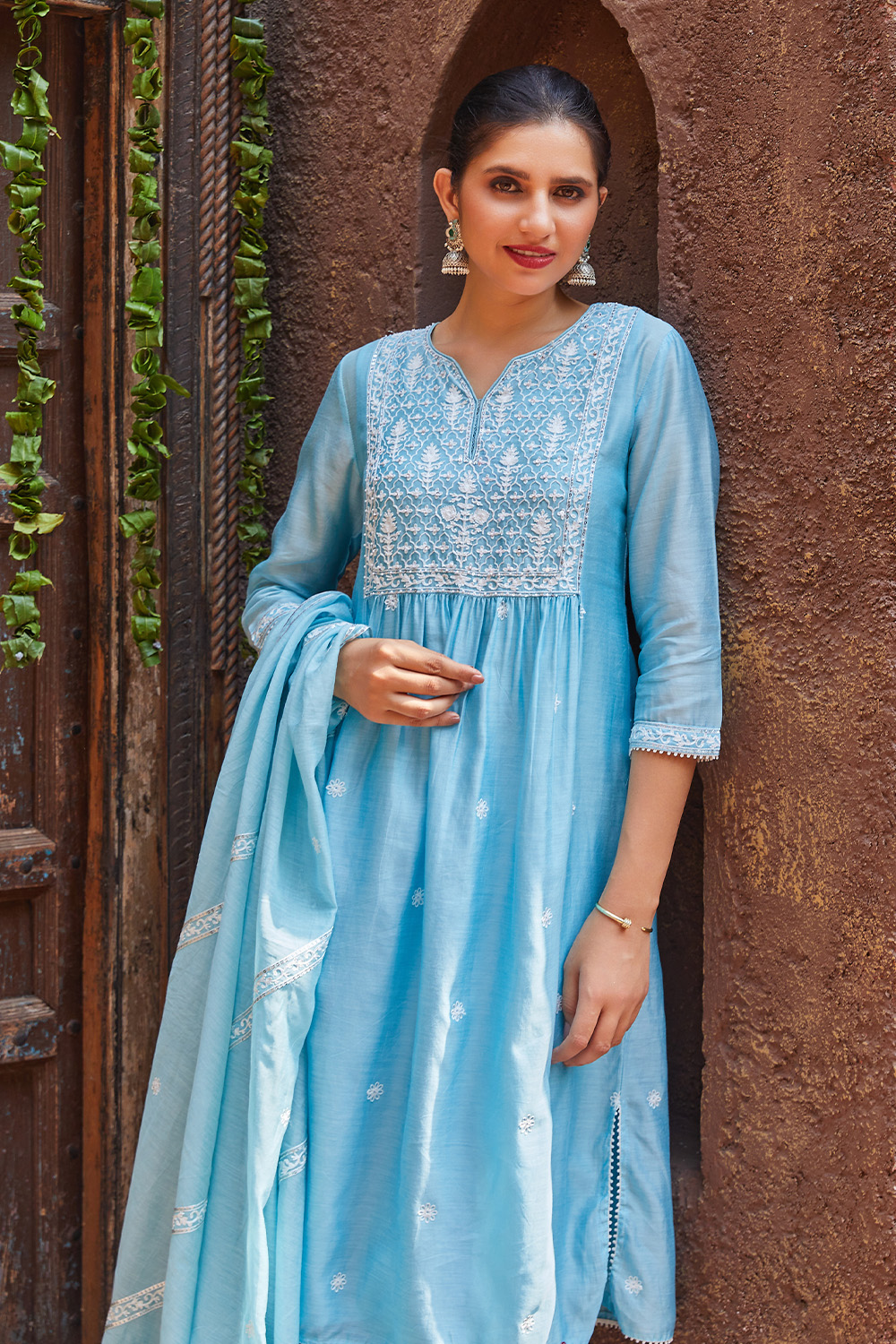 Sky Blue Cotton Blend Layered Kurta Salwar Suit Set image number 0