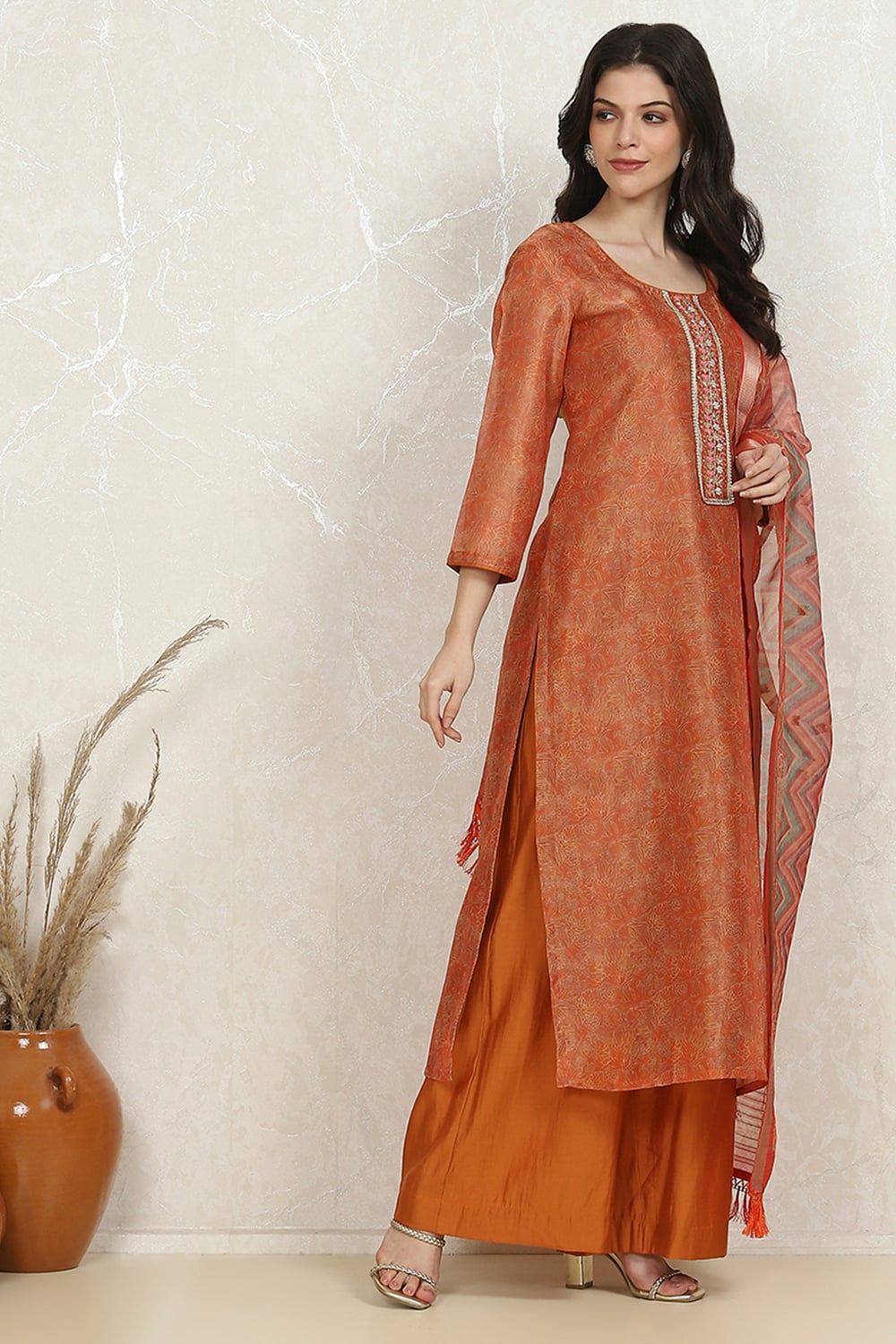 Orange Cotton Printed Embroidered Unstitched Suit Set image number 6