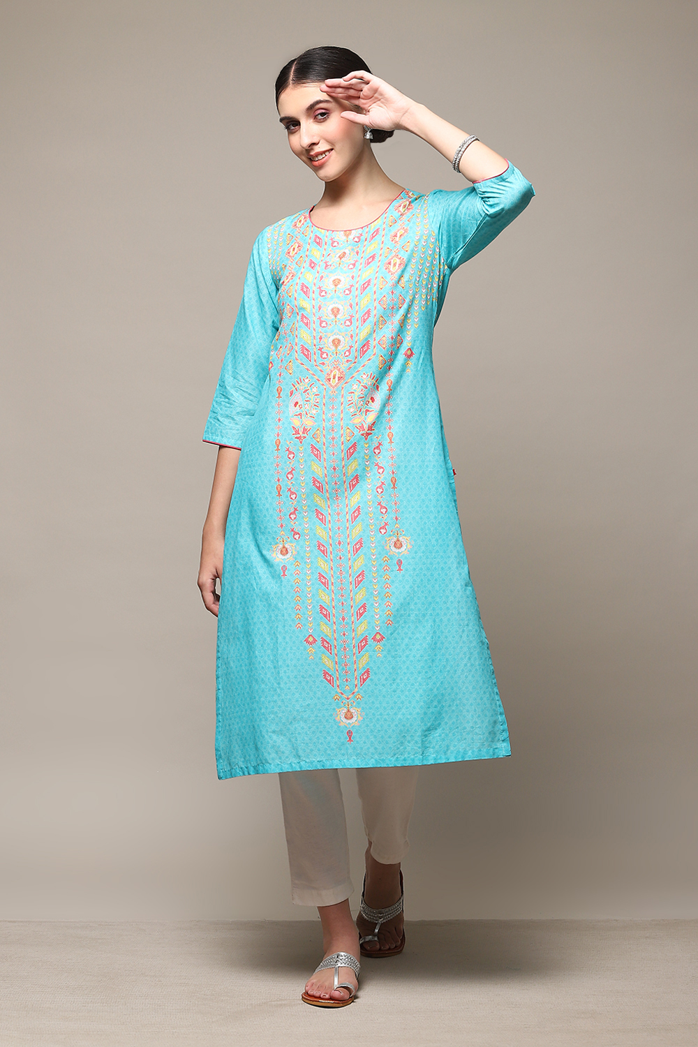 Blue Cotton Straight Printed Kurta image number 0