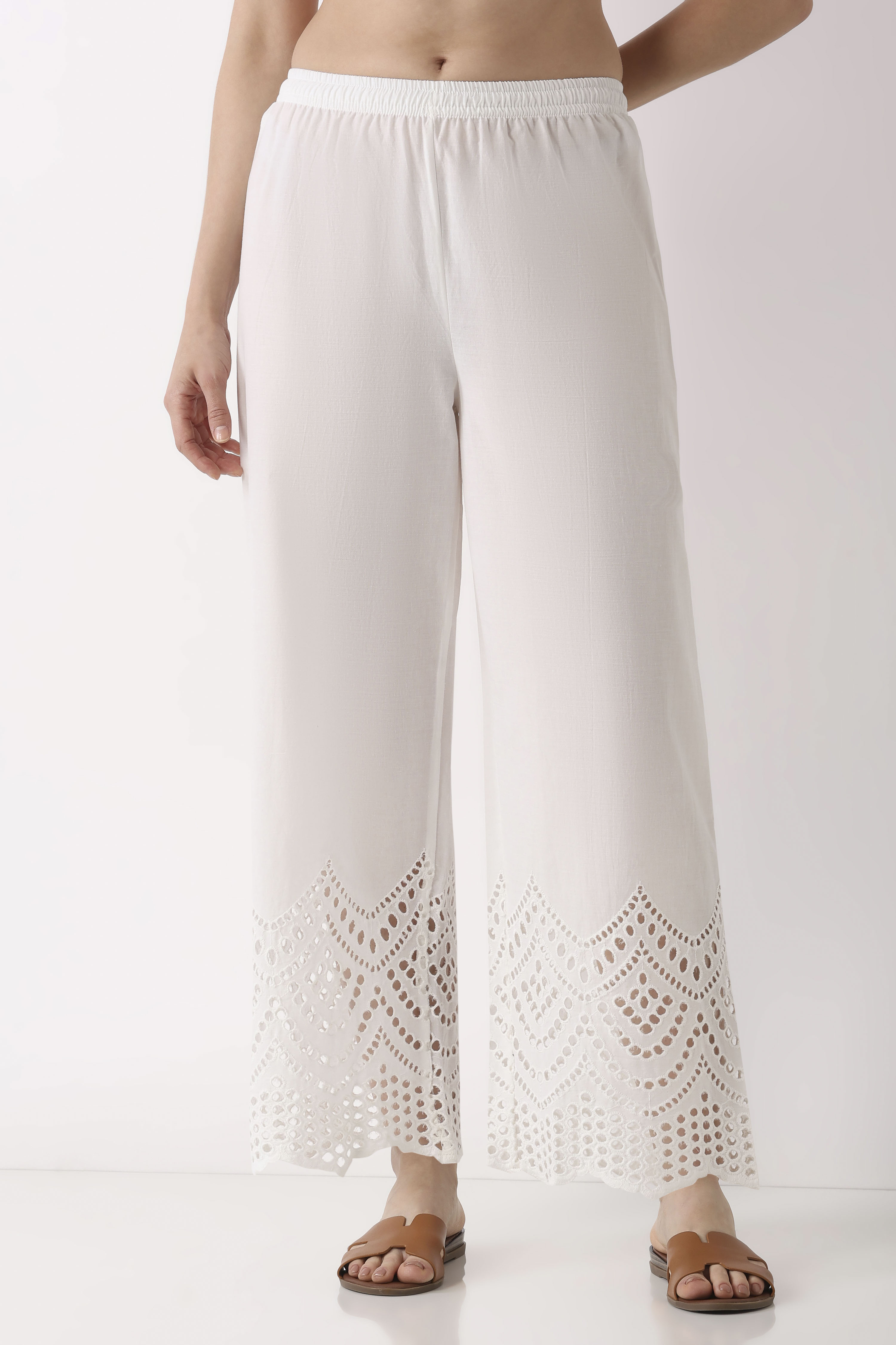 Grey Cotton Straight Palazzos image number 4