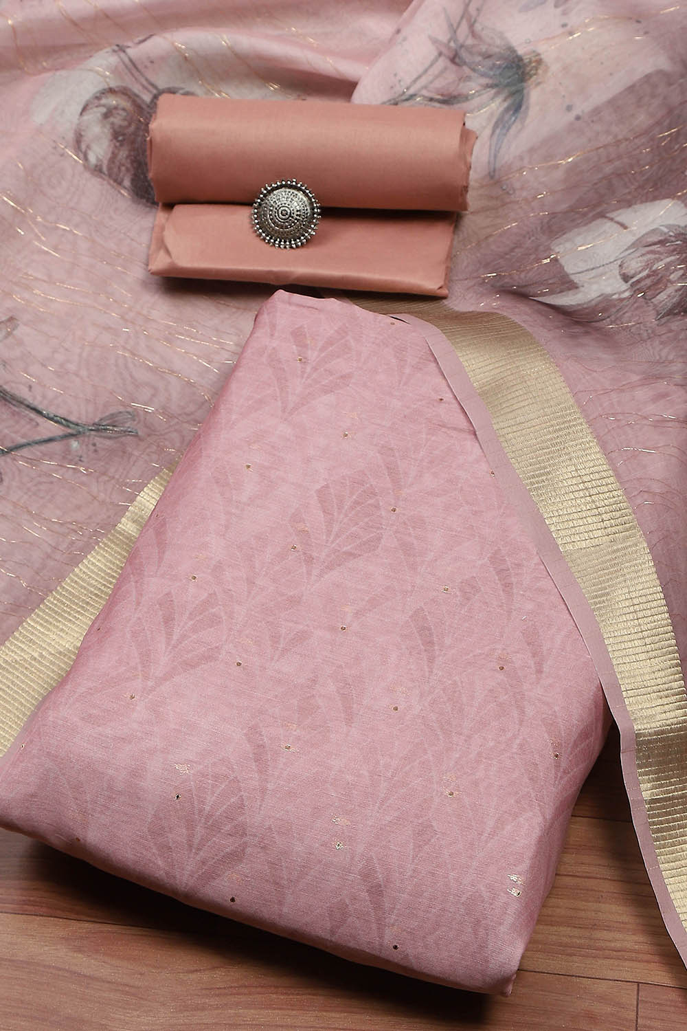 Mint Green Chanderi Double Dupatta Unstitched Suit Set image number 0