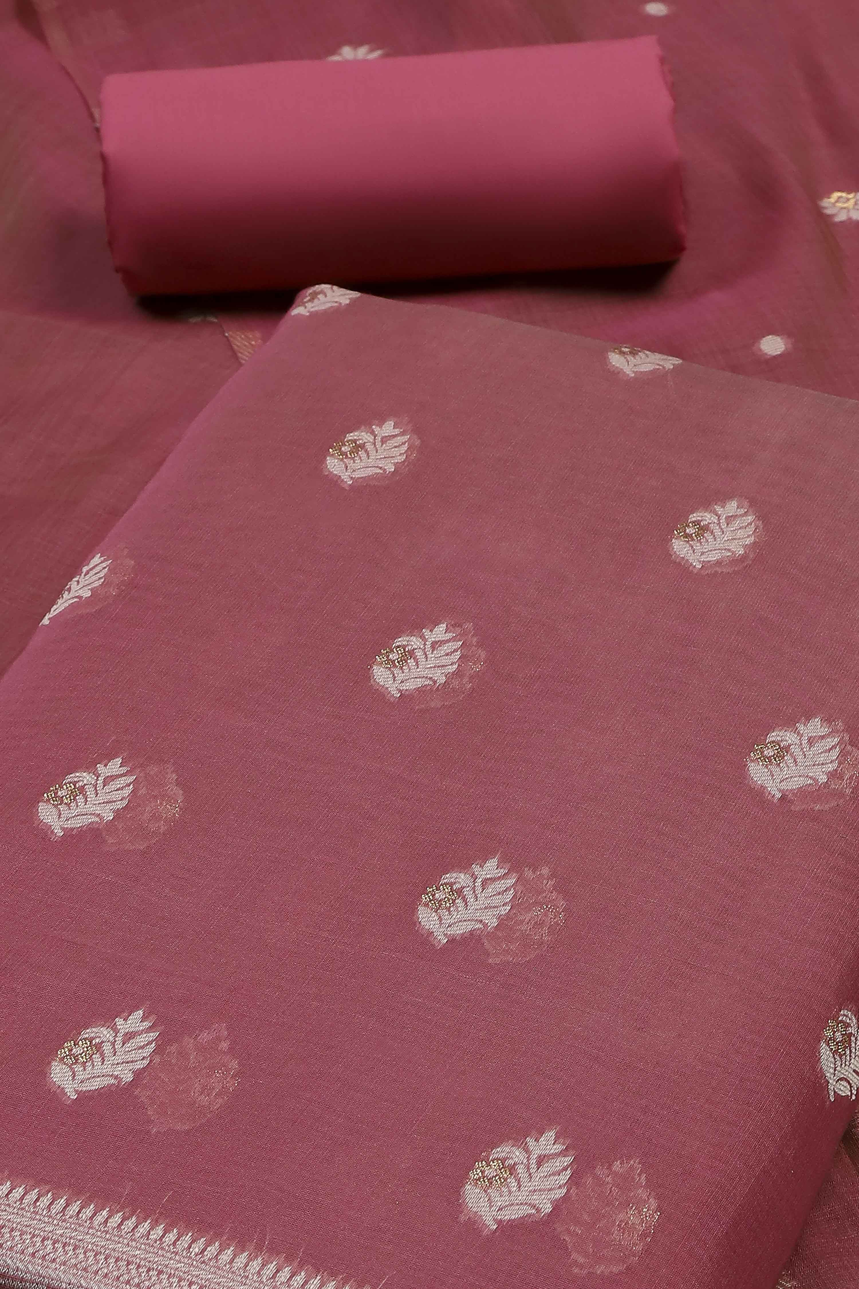 Pink Cotton Jamdani Unstitched Suit Set image number 1