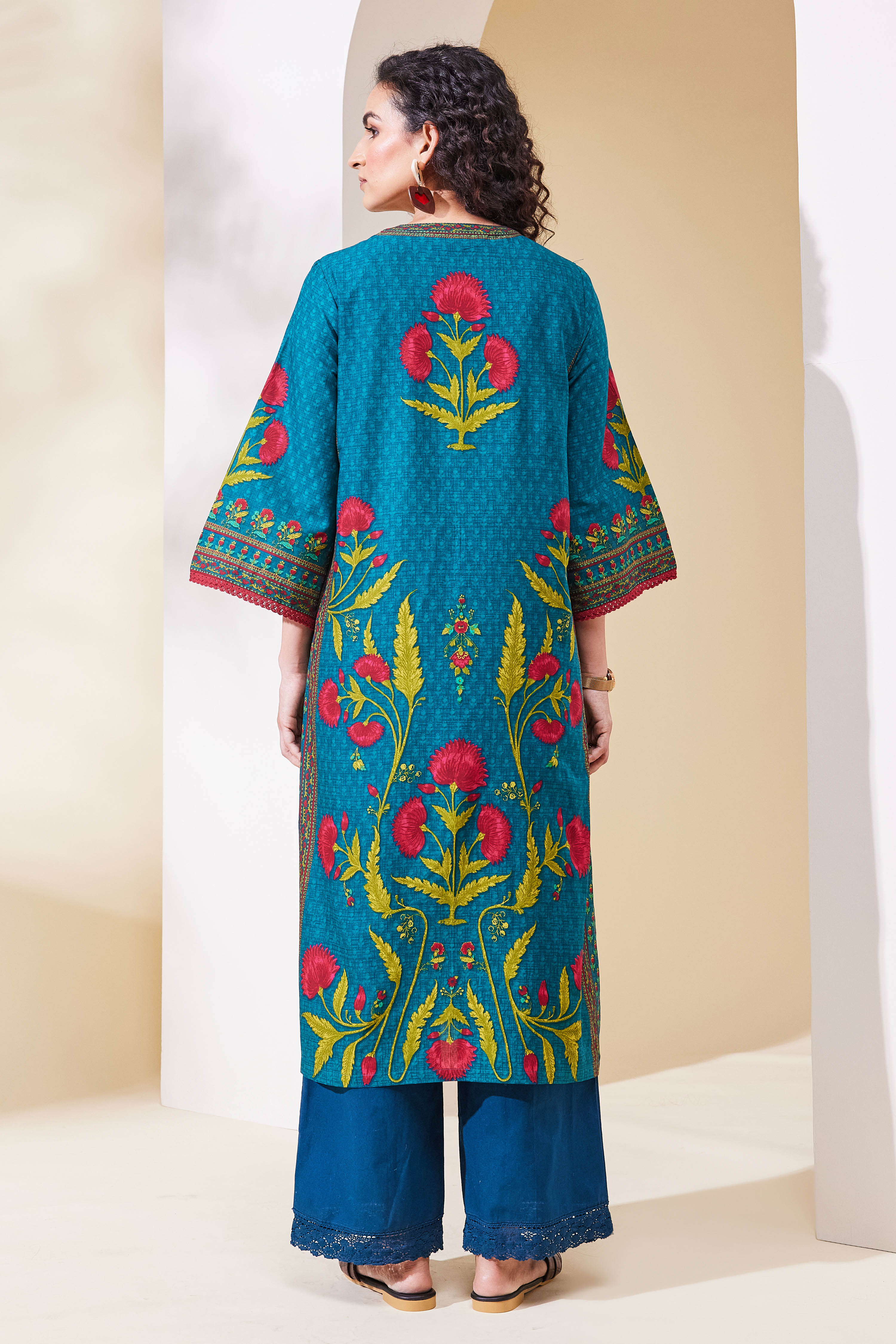 Teal Cotton Straight Kurta image number 3