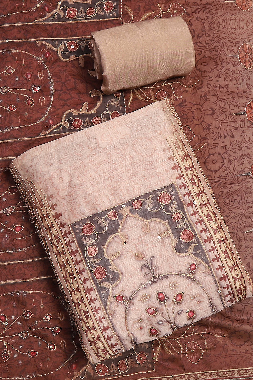 Grey Chanderi Hand Embroidered Unstitched Suit Set image number 0