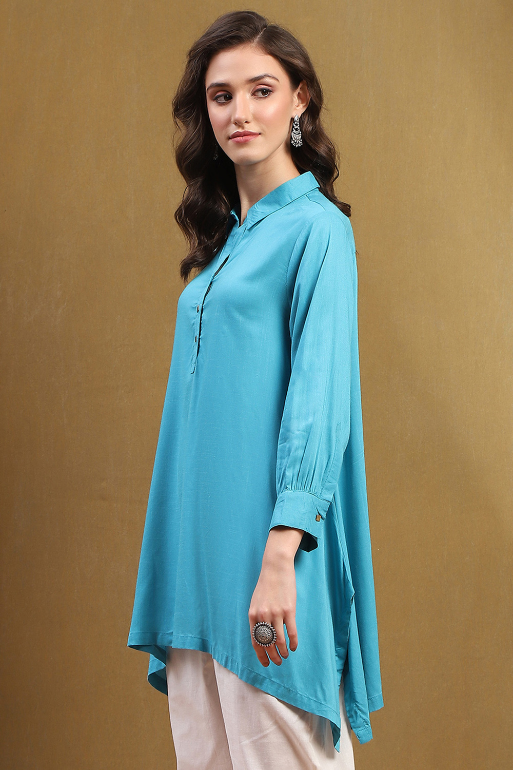 Mustard Yellow Solid Asymmetric Short Kurta image number 2