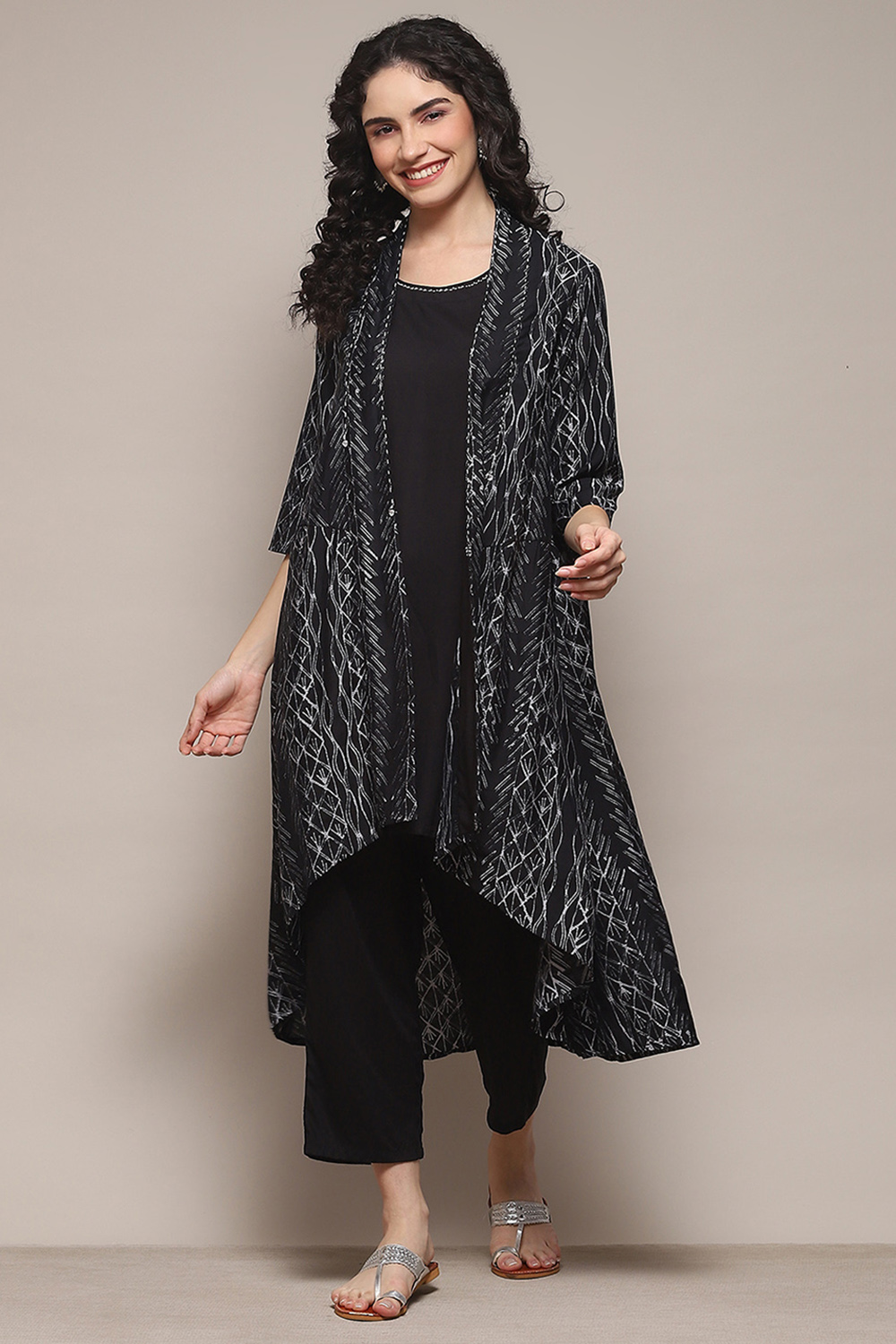 Carbon Black LIVA Straight Printed Suit Set image number 0