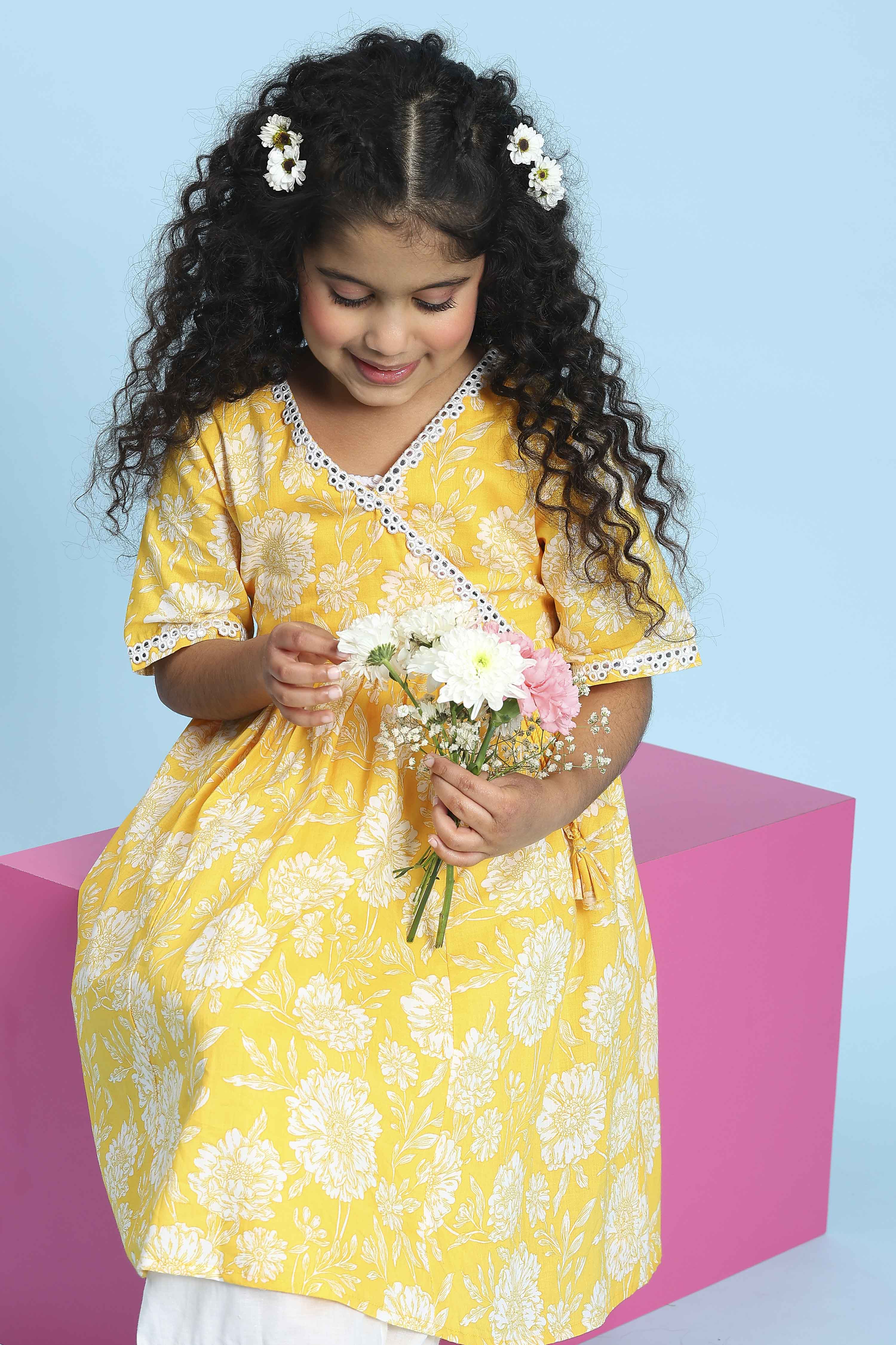 Yellow Cotton Printed Anarkali Kurta Set image number 7