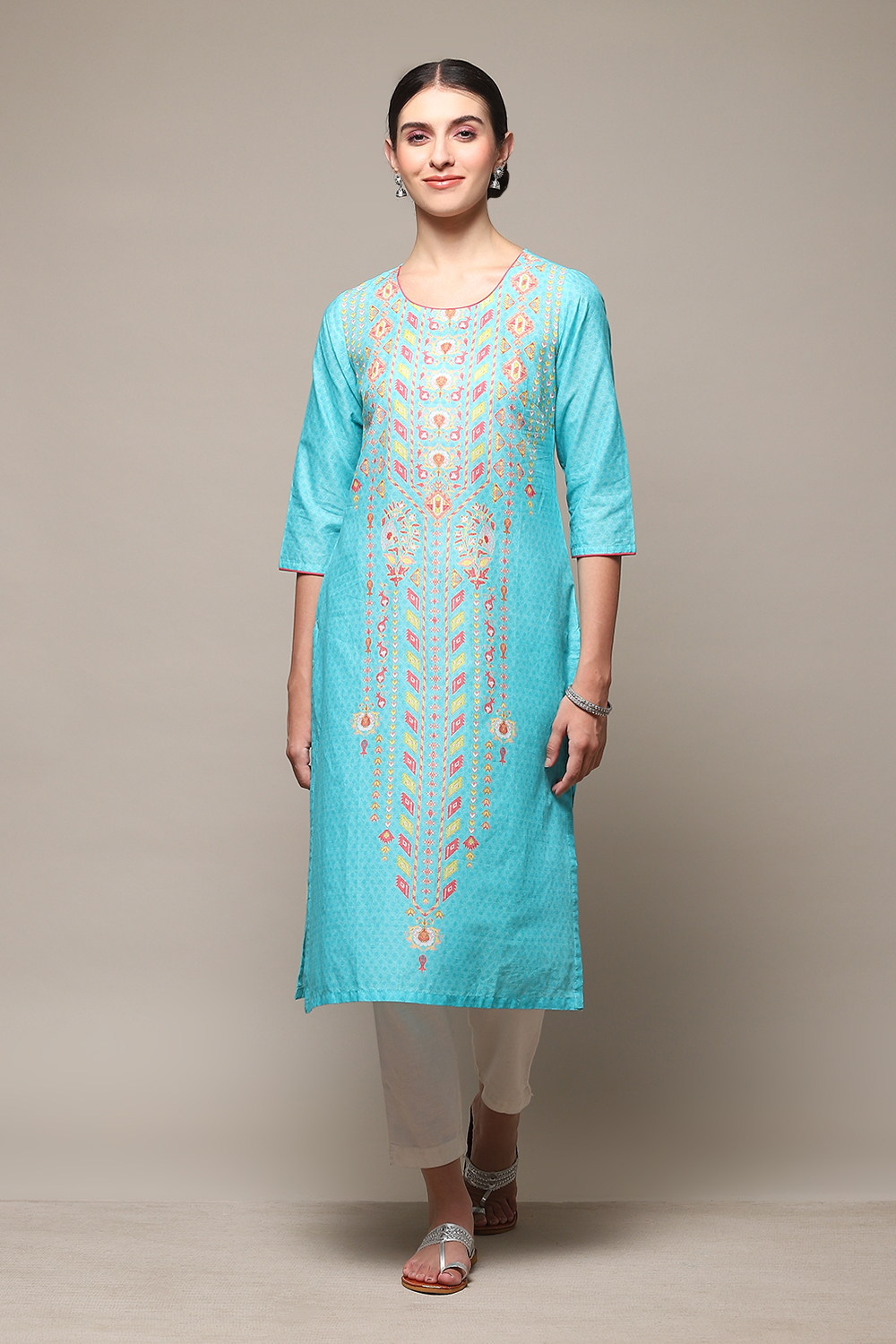 Blue Cotton Straight Printed Kurta image number 5