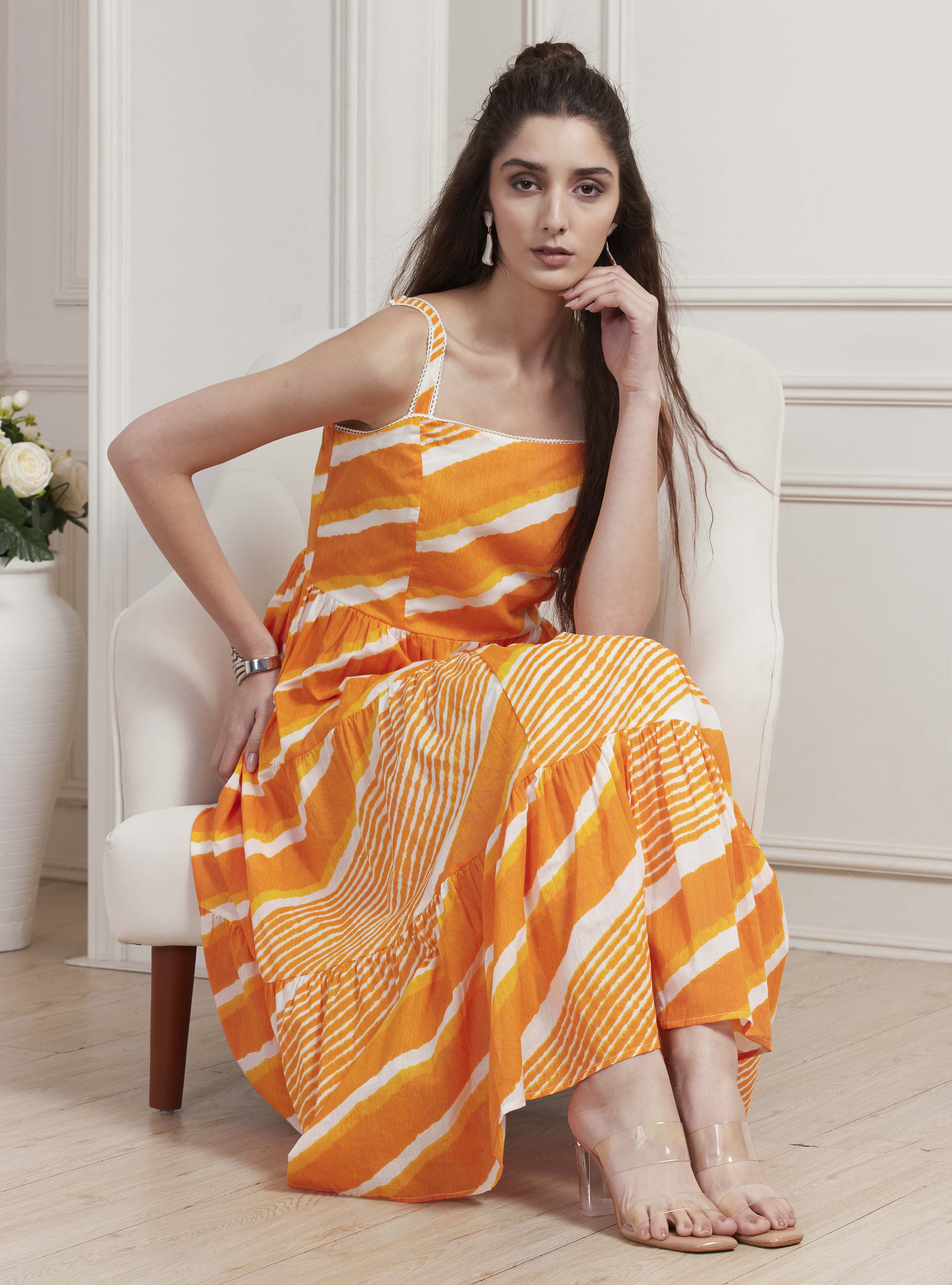 Yellow Cotton Printed Tiered Dress image number 0